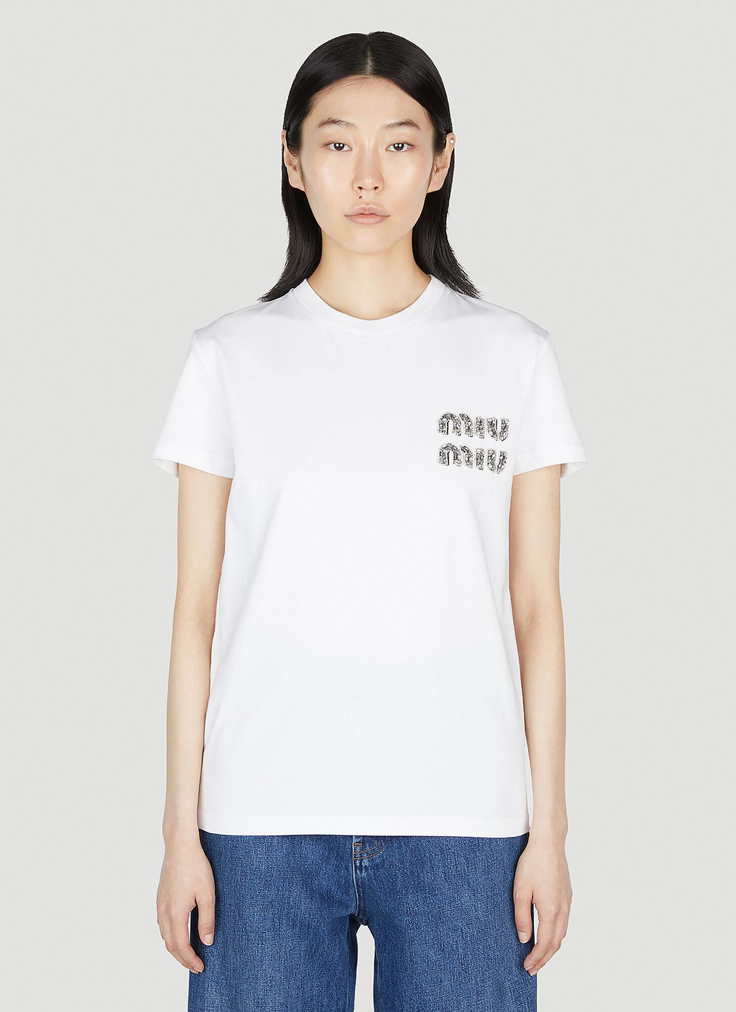 Miu Miu Embellished Logo T-shirt in White | Lyst Miu Miu Embellished Logo T-shirt in White | Lyst