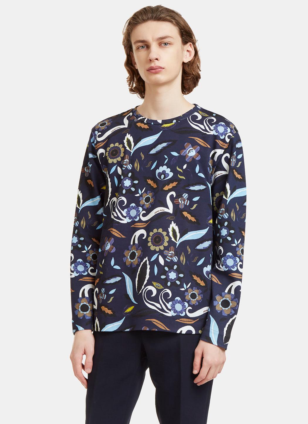Fendi Men's Garden Print Crew Neck Sweater In Blue in Blue for Men | Lyst