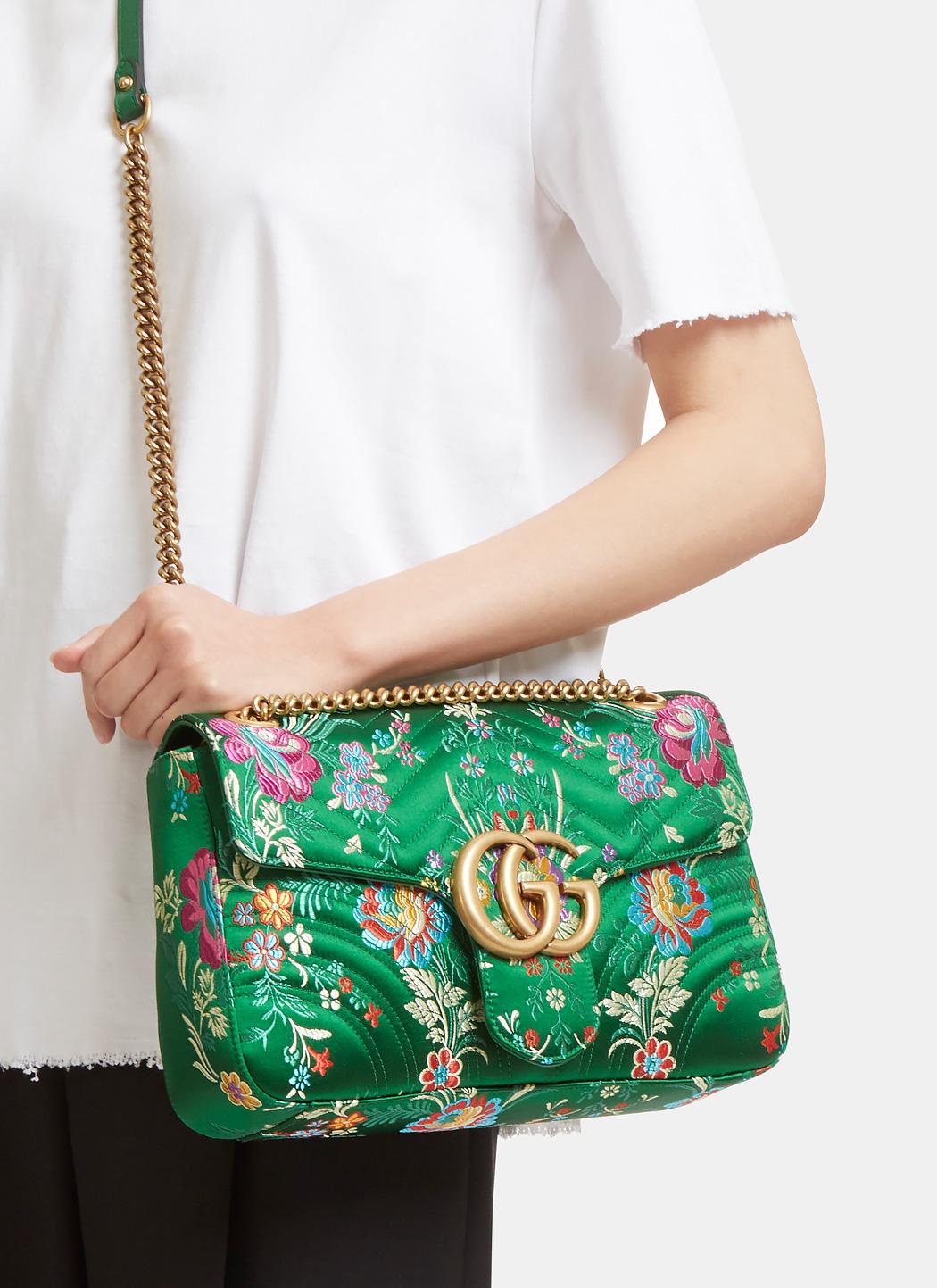 Gucci Suede Gg Marmont Floral Jacquard Shoulder Bag in Green | Lyst