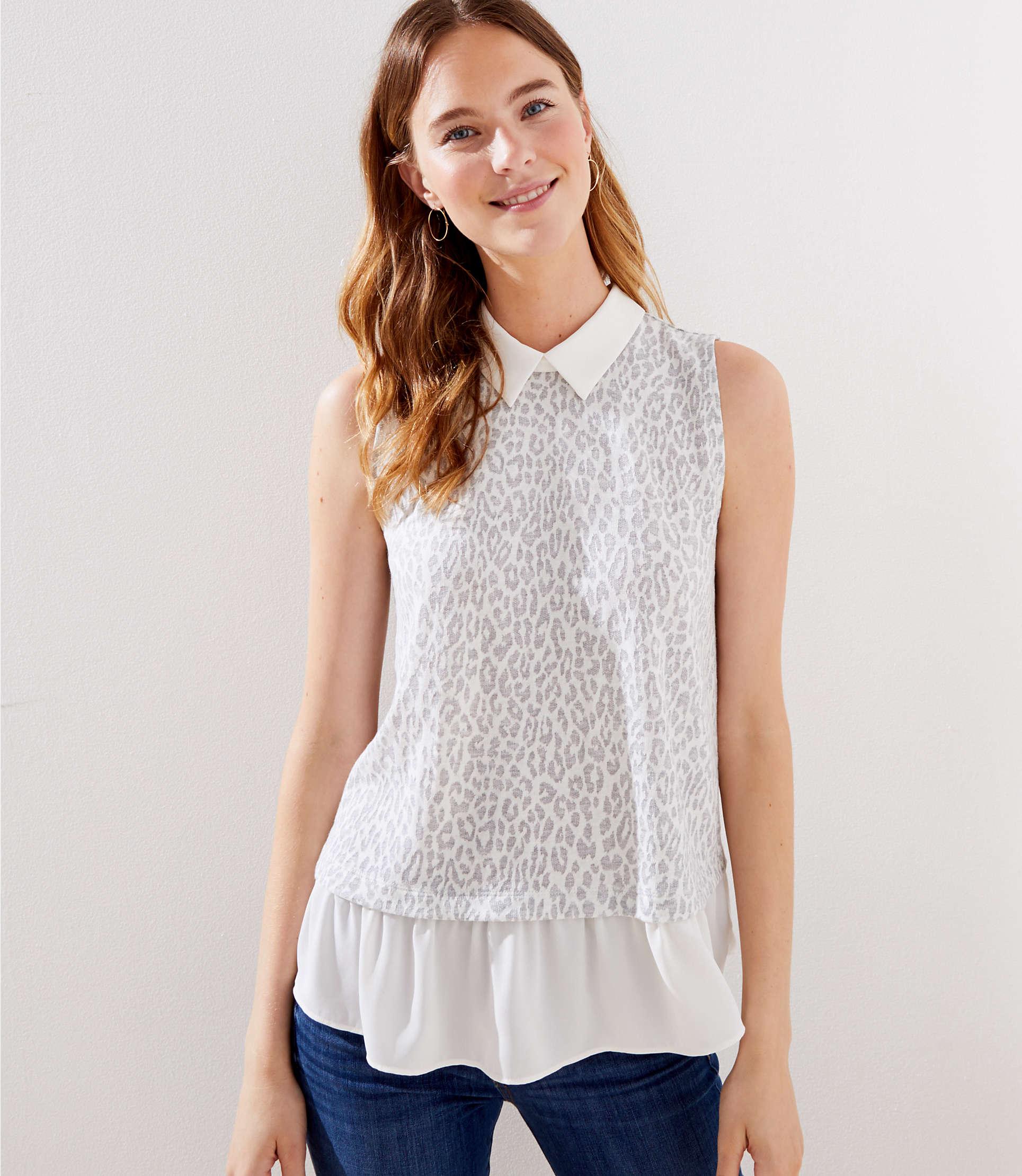 Download LOFT Leopard Print Layered Mixed Media Top in White - Lyst