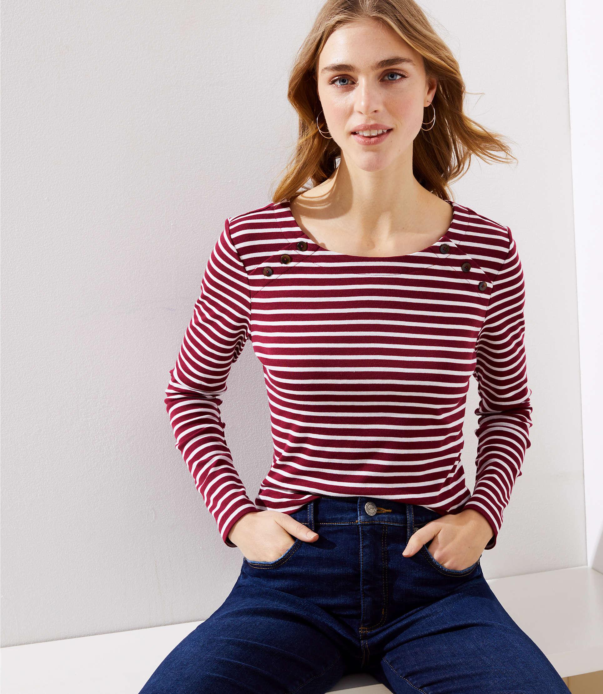 LOFT Petite Striped Sailor Long Sleeve Shirttail Tee in Red - Lyst