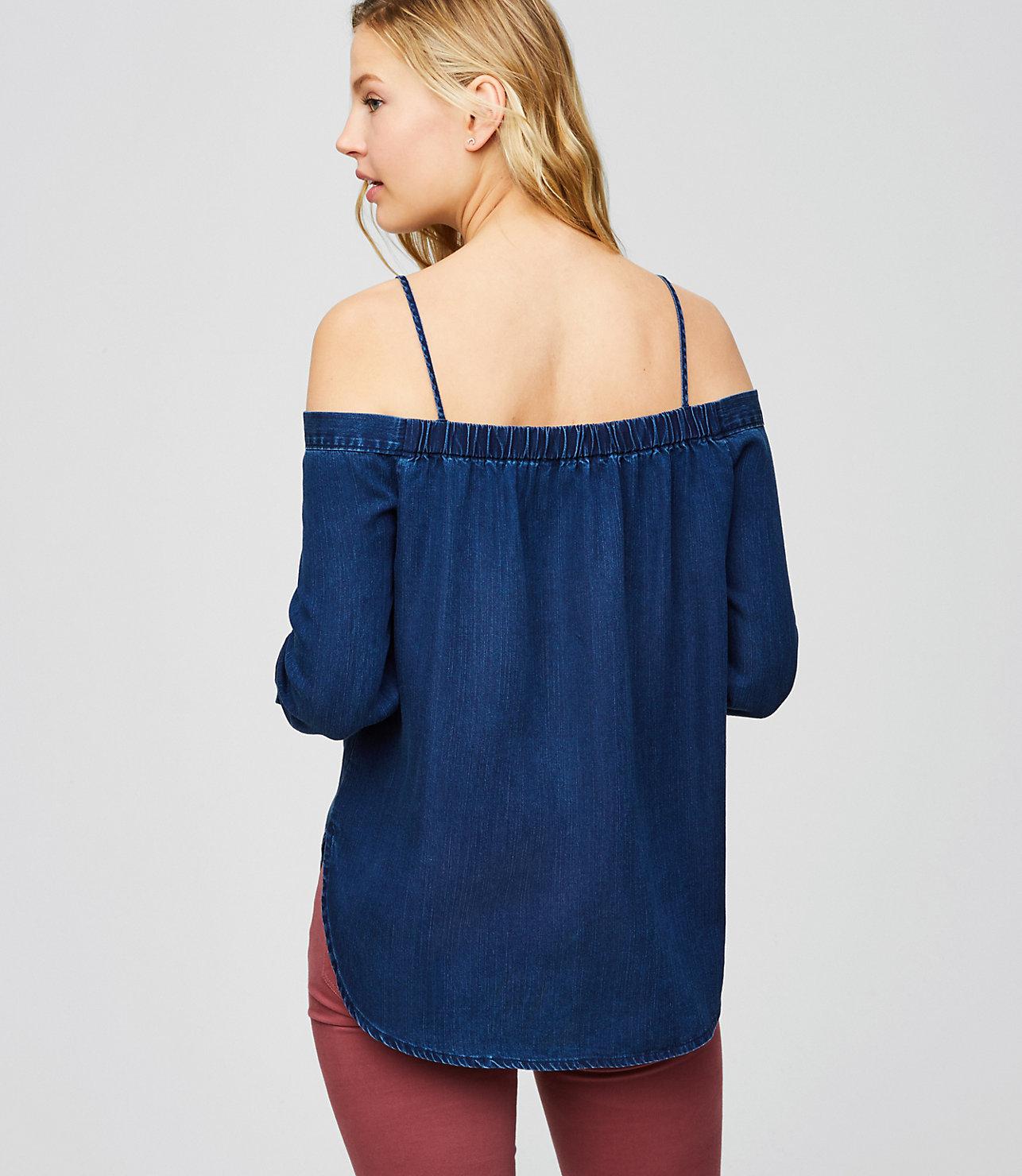 LOFT Strappy Chambray Off The Shoulder Top in Blue Lyst