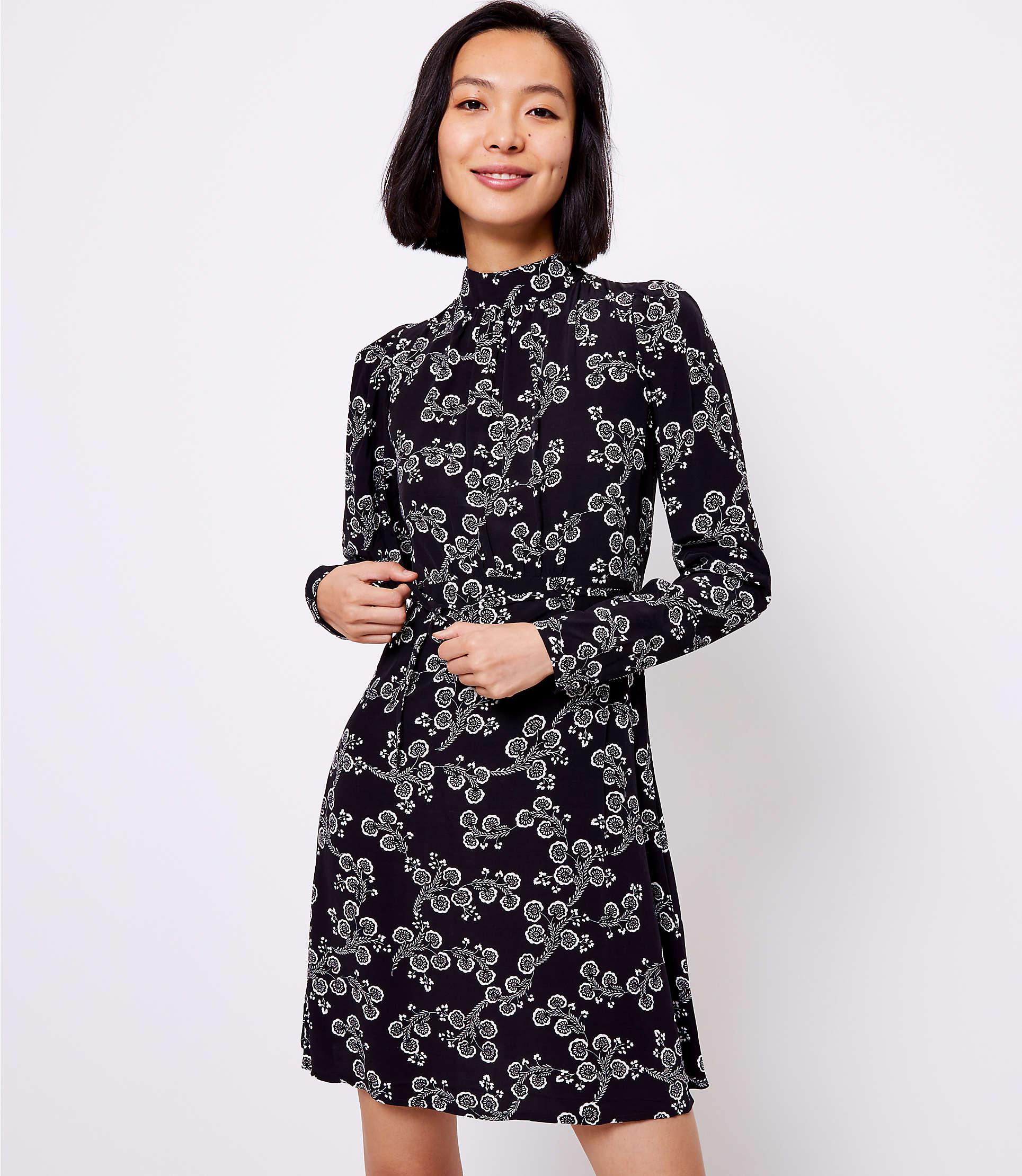 Download LOFT Floral Mock Neck Dress in Black - Lyst