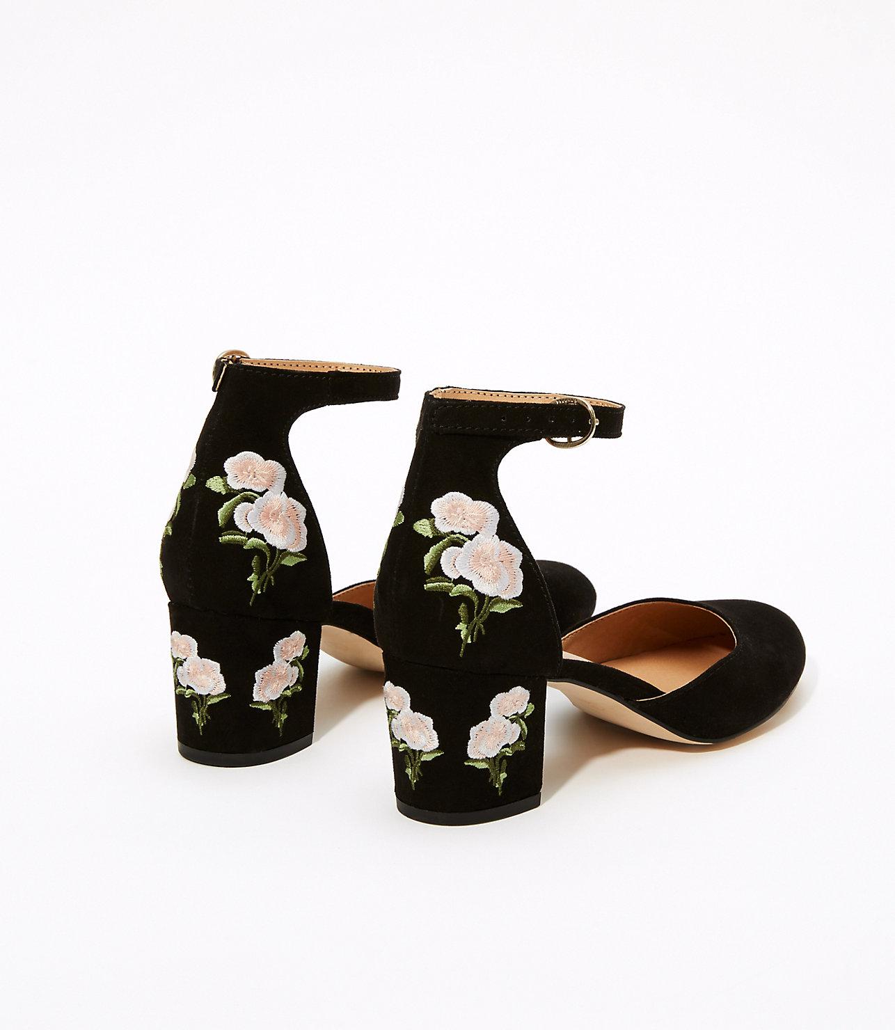 floral embroidered block heels