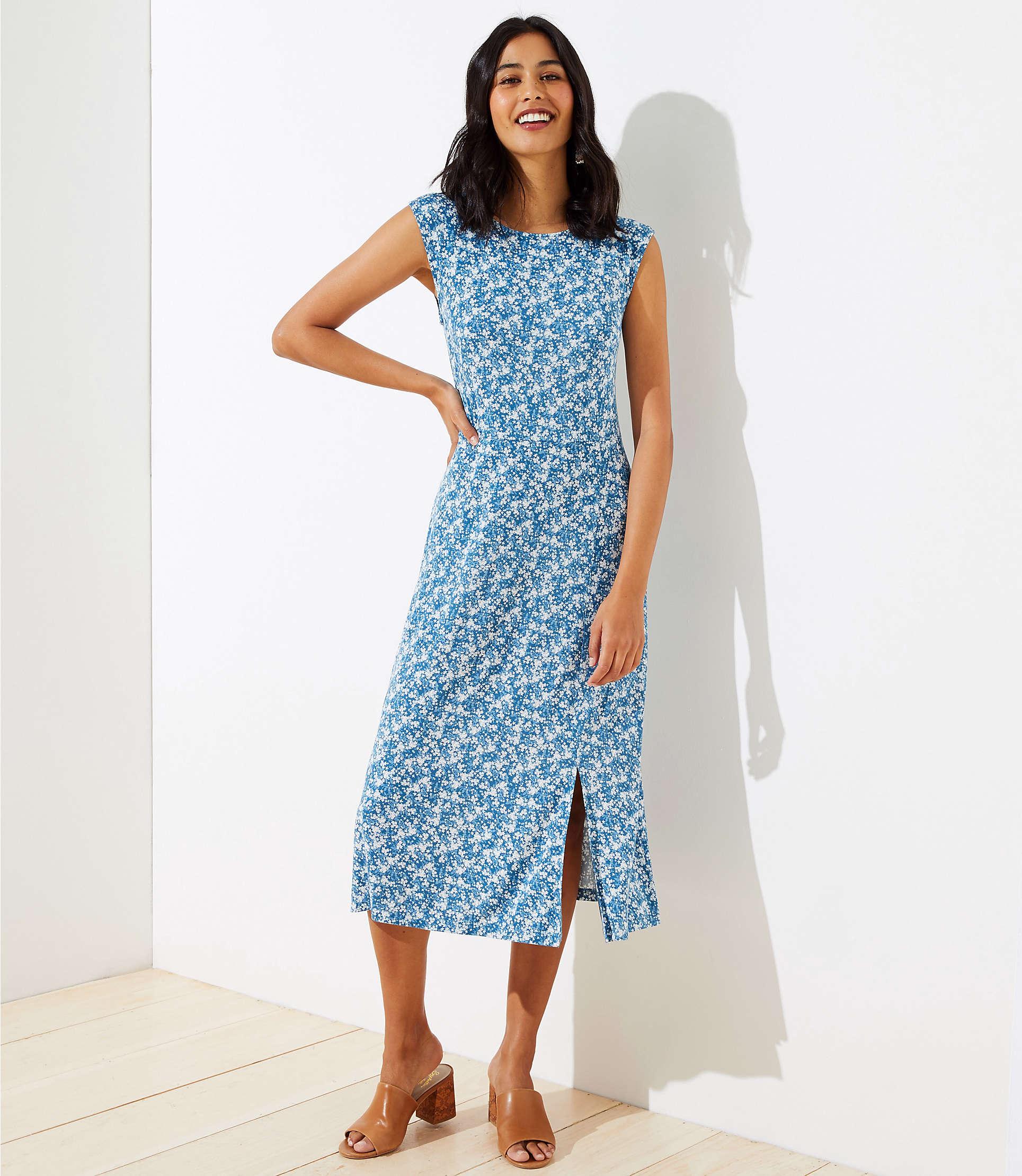 LOFT Floral Cap Sleeve Midi Dress in Blue - Lyst