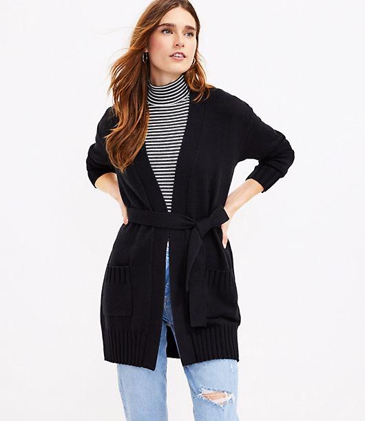 LOFT Belted Pocket Cardigan in Black | Lyst