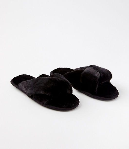 LOFT Faux Fur Twist Slippers in Black | Lyst