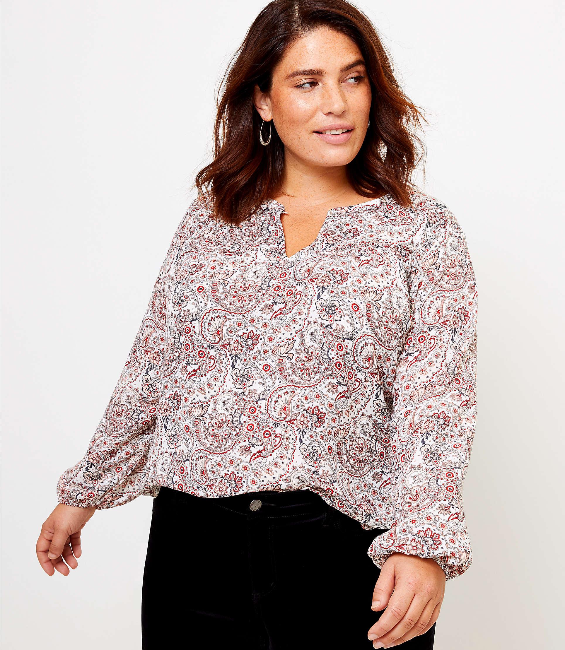 LOFT Plus Paisley Split Neck Mixed Media Top Lyst