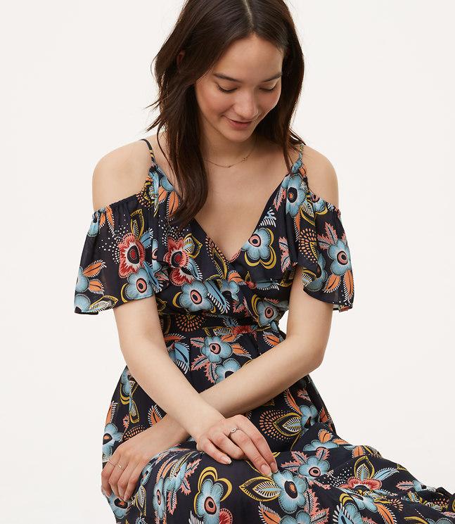 navy floral cold shoulder maxi dress