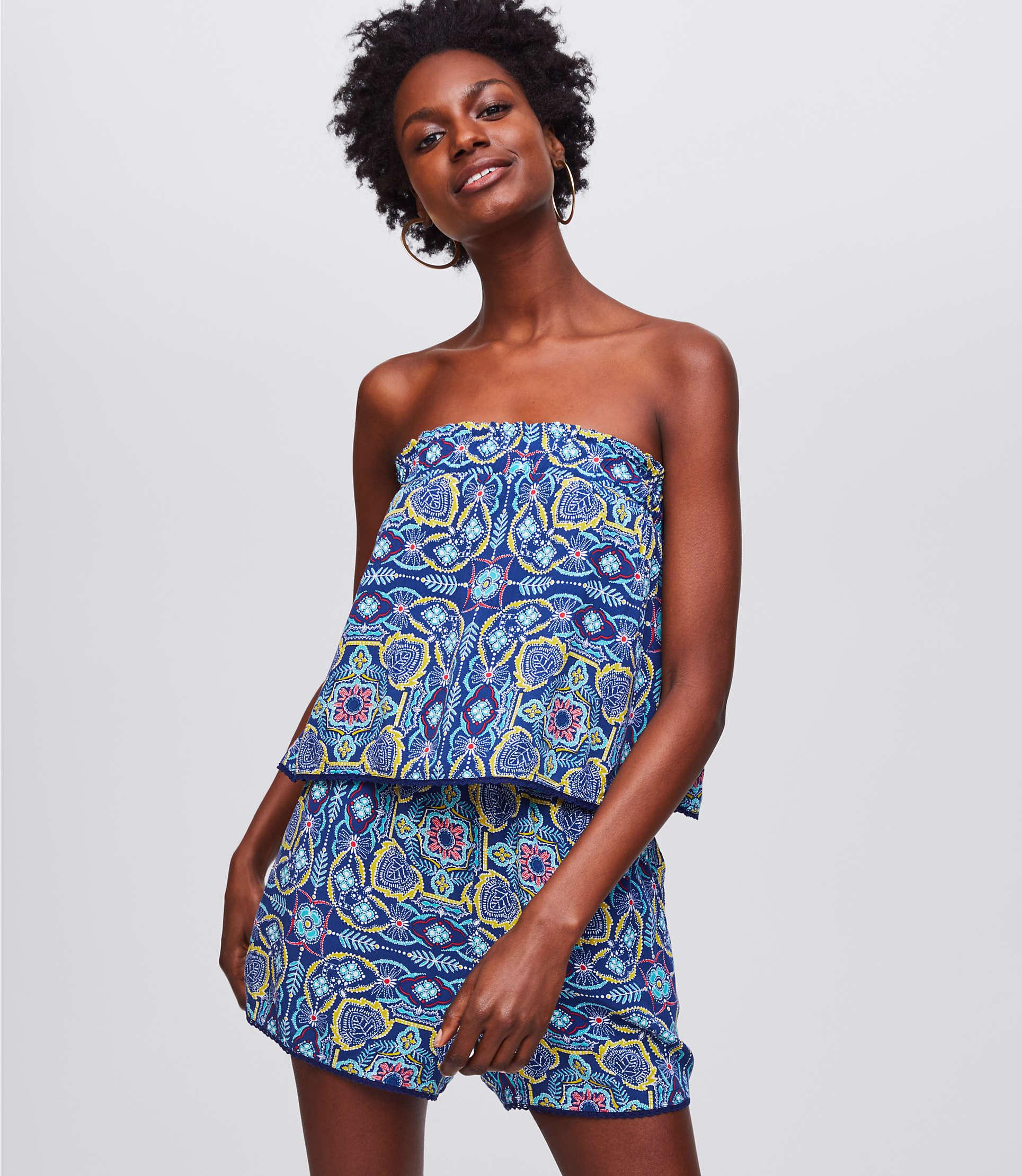 blue strapless romper