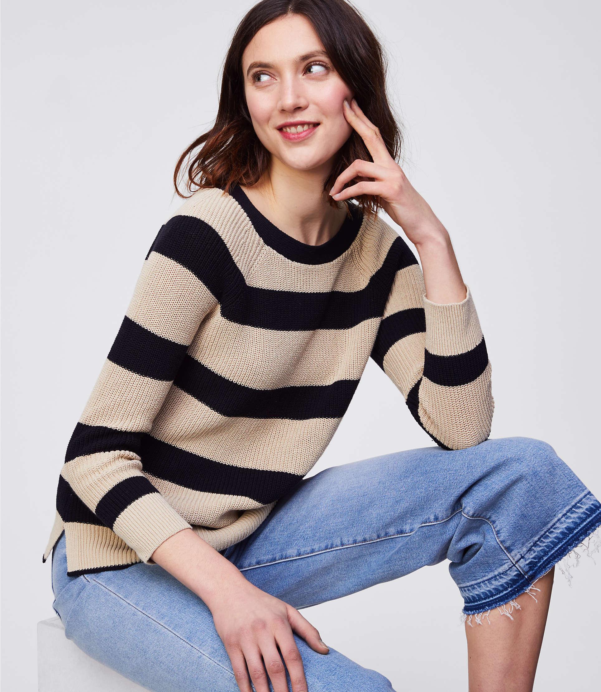 LOFT Cotton Striped Boatneck Sweater in Black - Lyst
