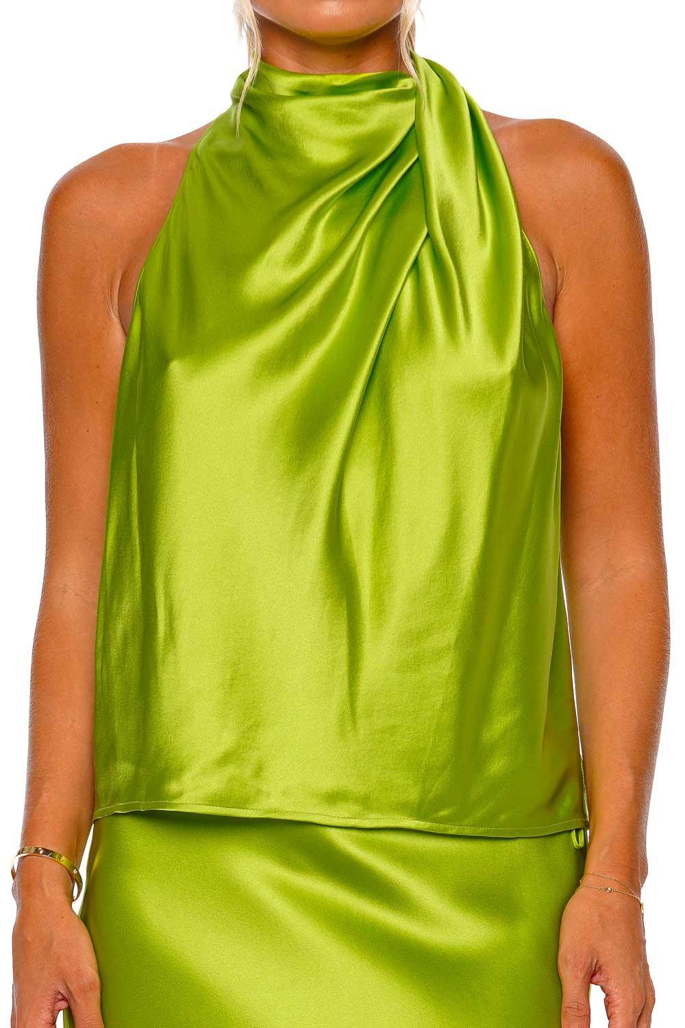 The Sei High Neck Silk Draped Top in Green