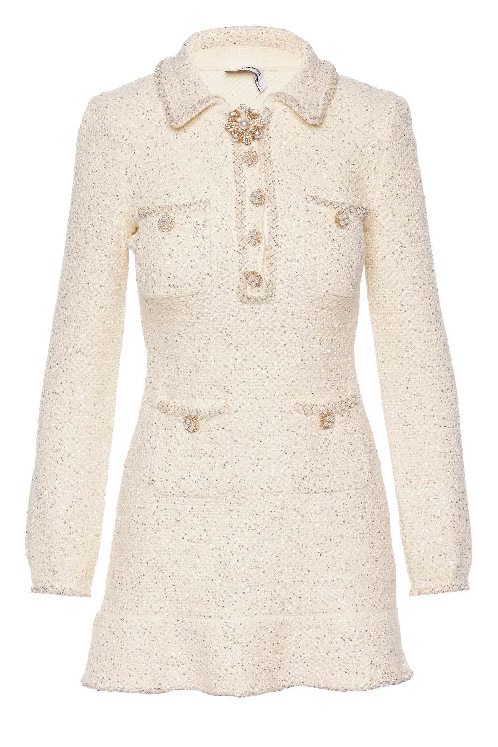Self-Portrait Sequin And Pearl Knit Mini Dress in Natural | Lyst
