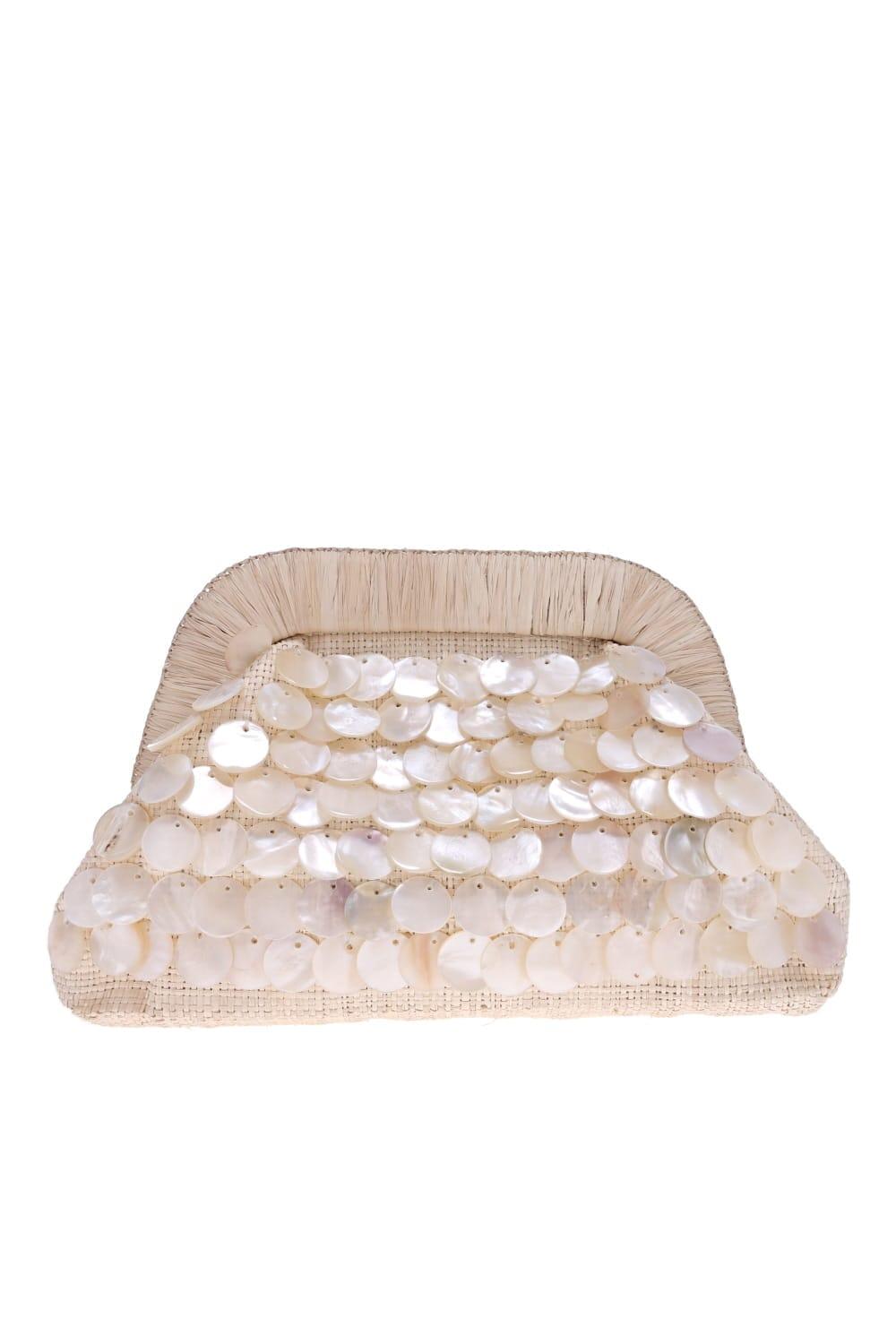 Kayu Lila Shell Embellished Straw Clutch in White | Lyst