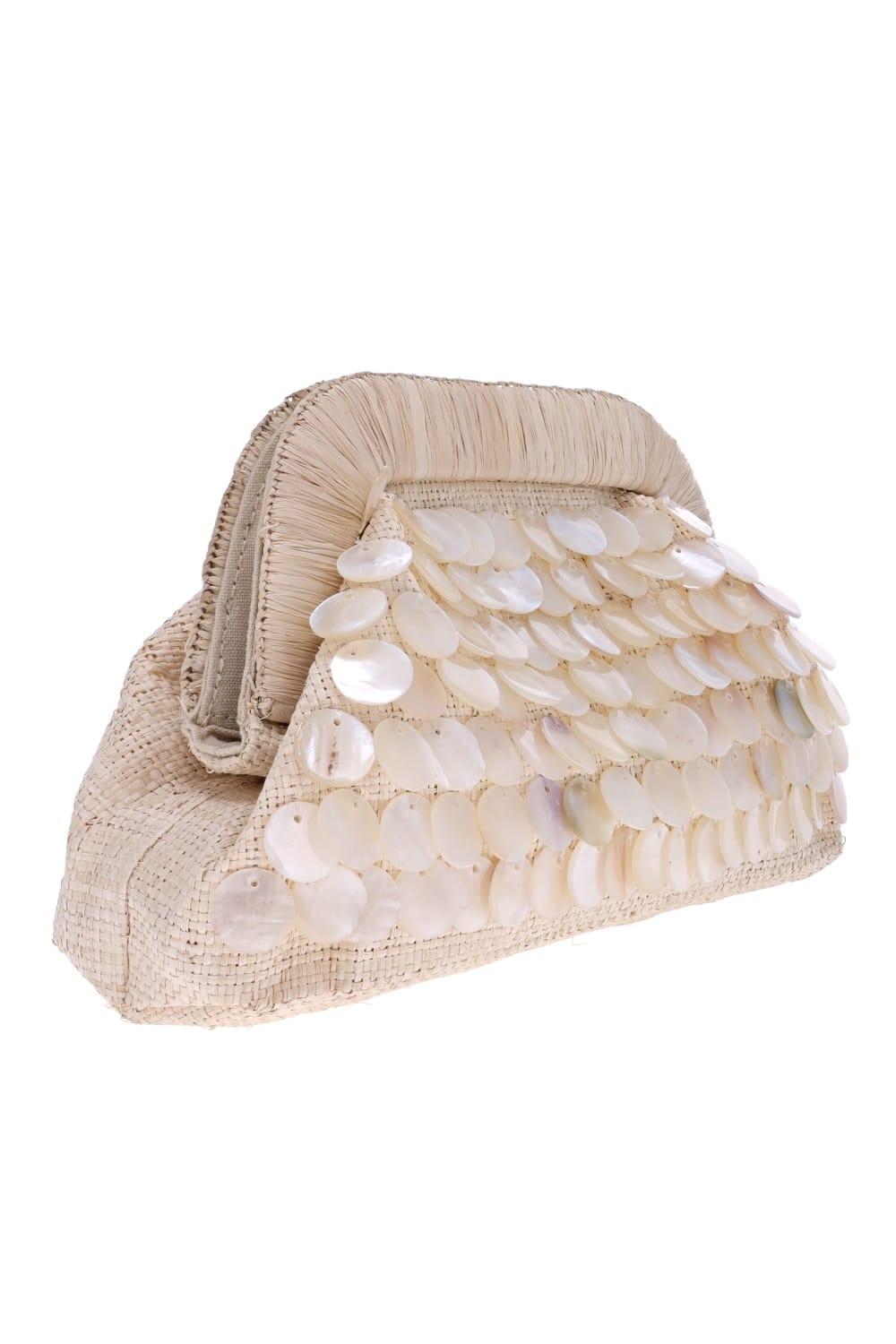 Kayu Lila Shell Embellished Straw Clutch in White | Lyst