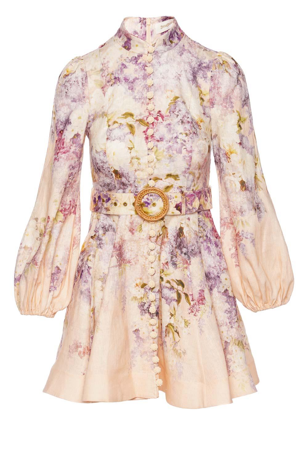 Zimmermann Lyrical Floral Linen Buttoned Mini Dress in Pink | Lyst