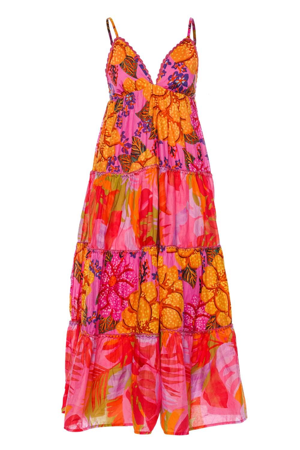 FARM Rio Pink Mixed Print Tiered Maxi Dress | Lyst