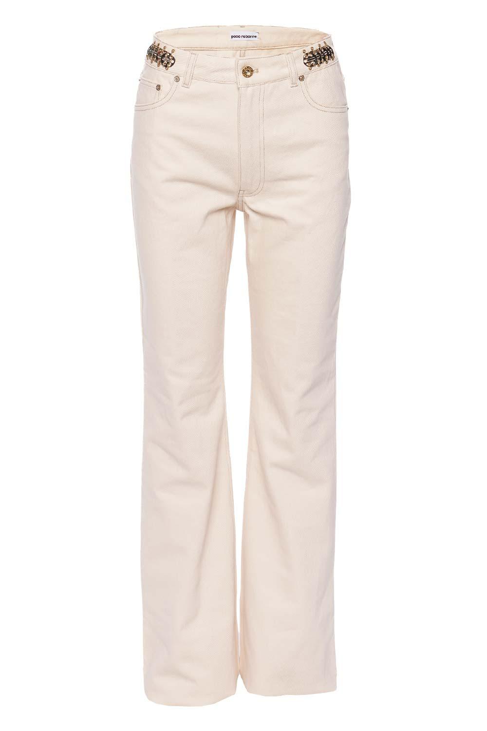 Paco Rabanne Off White Flare Embellished Denim Jeans in Natural | Lyst