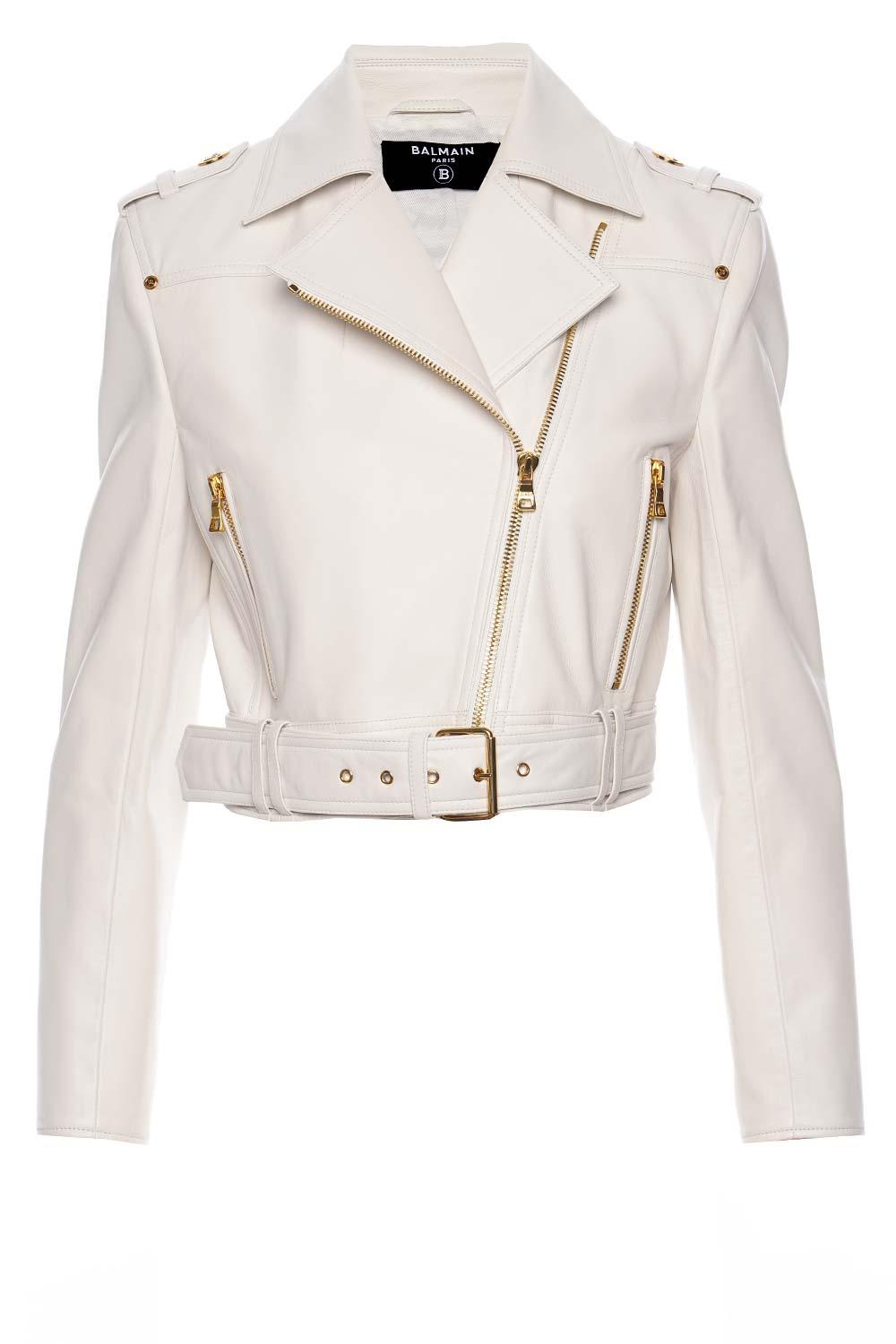 Balmain White Belted Leather Cropped Biker Jacket