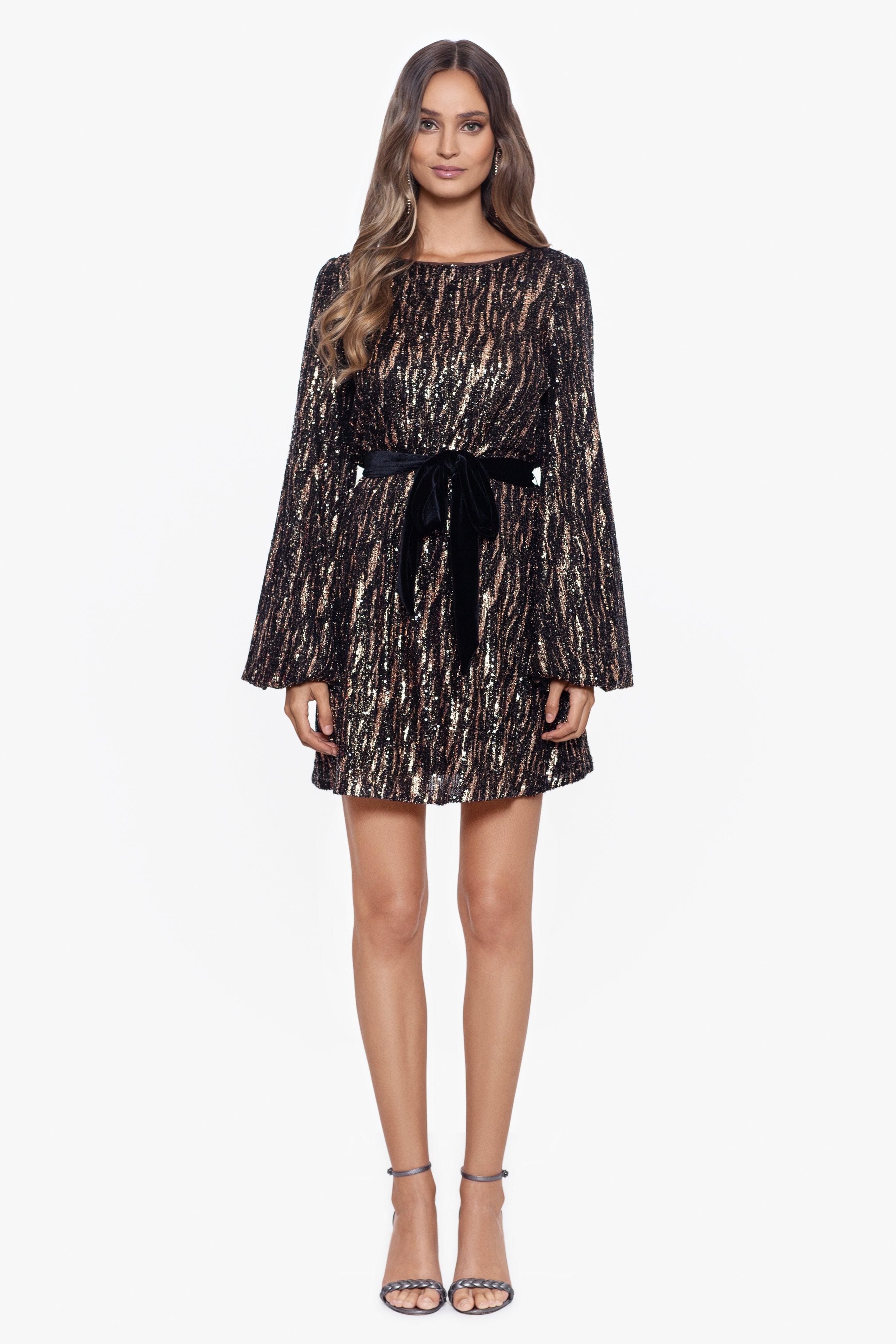 Betsy & Adam Velvet Tie Short Long Sleeve Sequin Dress in Black Lyst