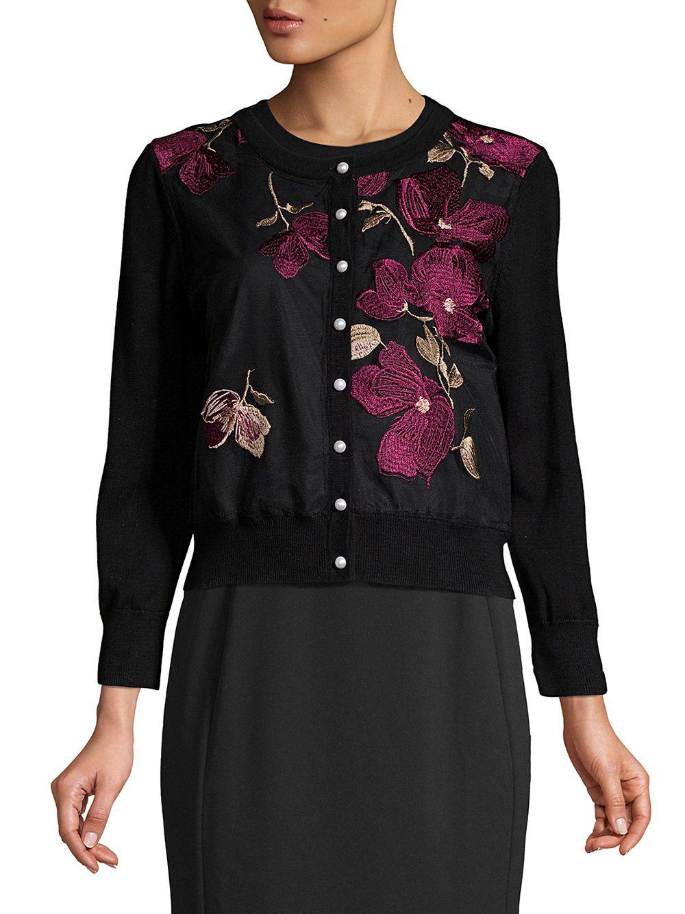 Karl Lagerfeld Embroidered Floral Cardigan in Black - Lyst