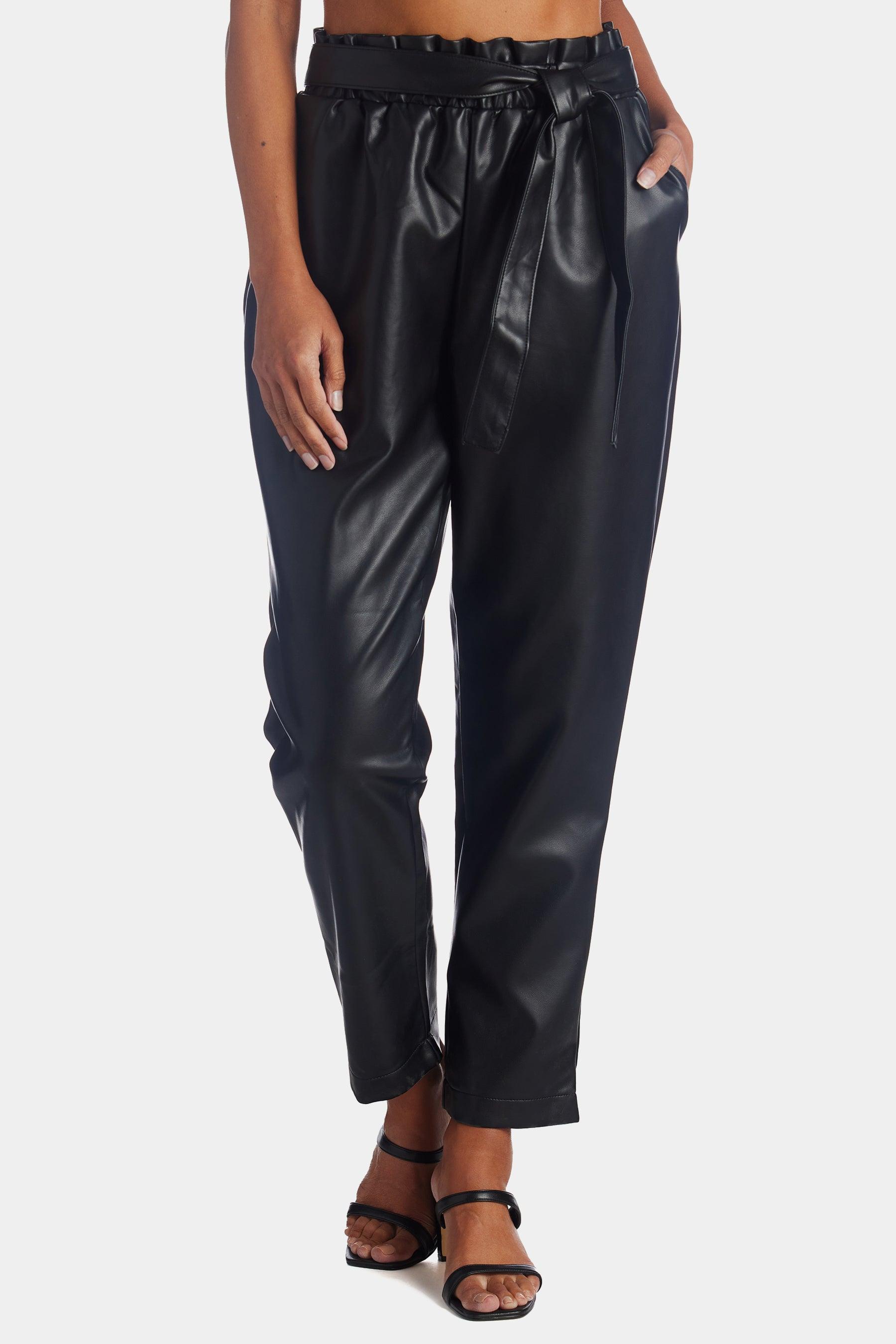 Bagatelle Pleated Belted Faux Leather Pants in Blue | Lyst