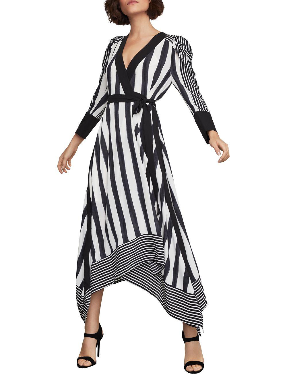 BCBG Max Azria Women/'s Asymmetric Striped Sleeveless Faux Wrap Mini Dress