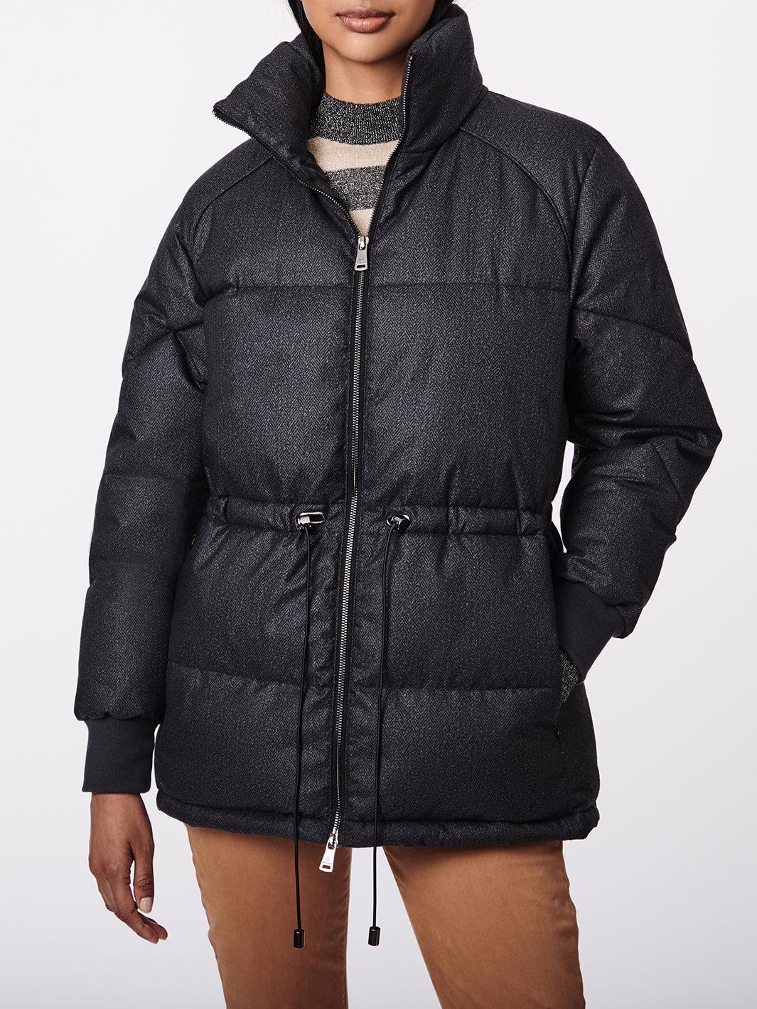 Bernardo Cinched Waist Herringbone Heavyweight Puffer Jacket in Black