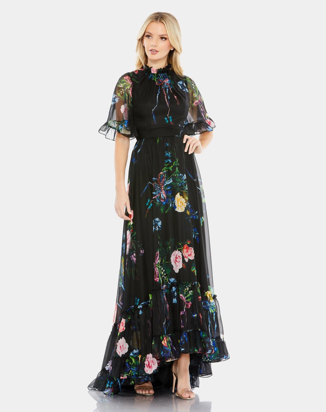 Mac Duggal Floral Print Ruffled High Neck Flutter Sleeve Gown in Black ...