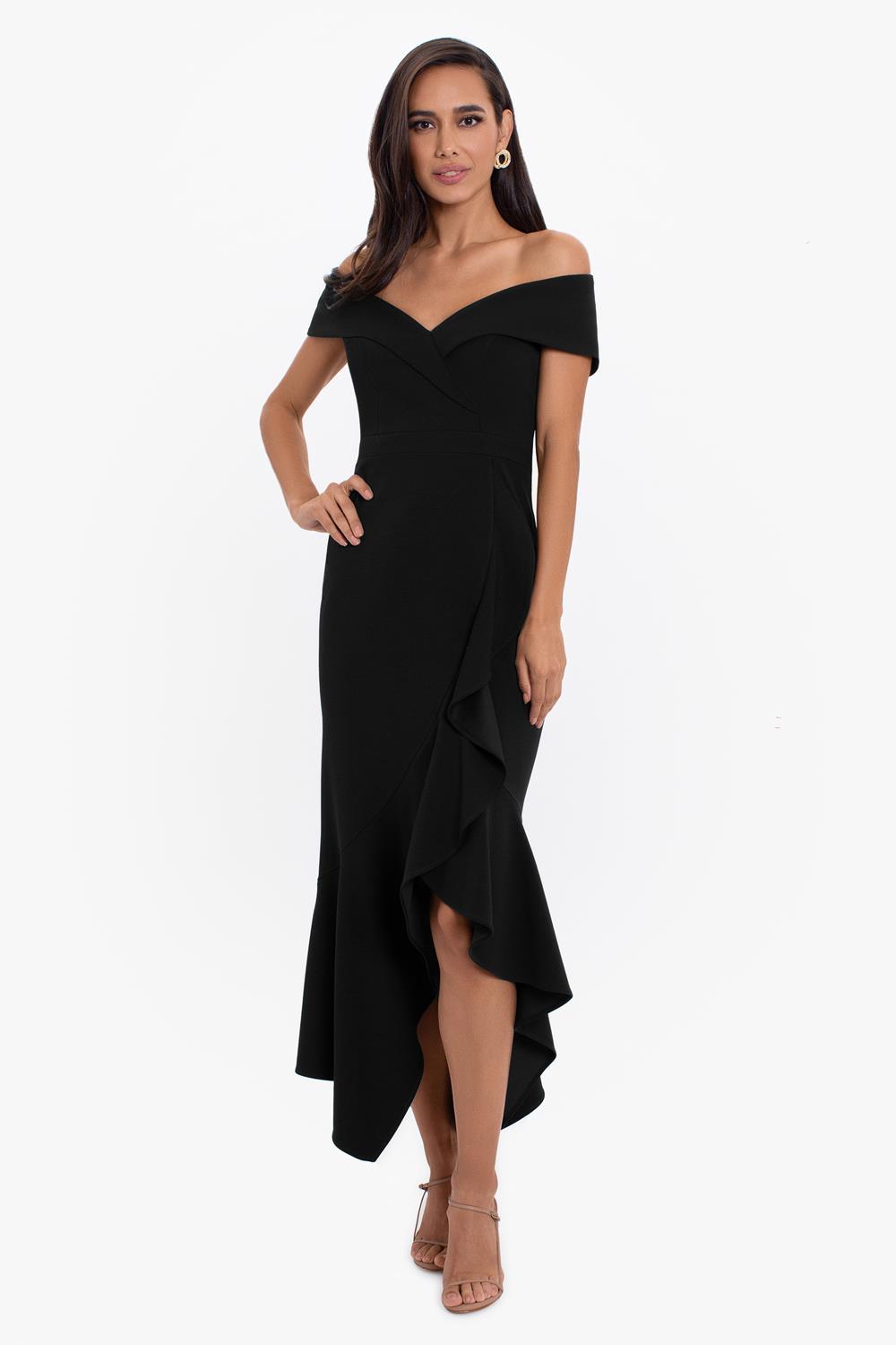 Xscape Off The Shoulder Tiered Midi Dress in Black | Lyst