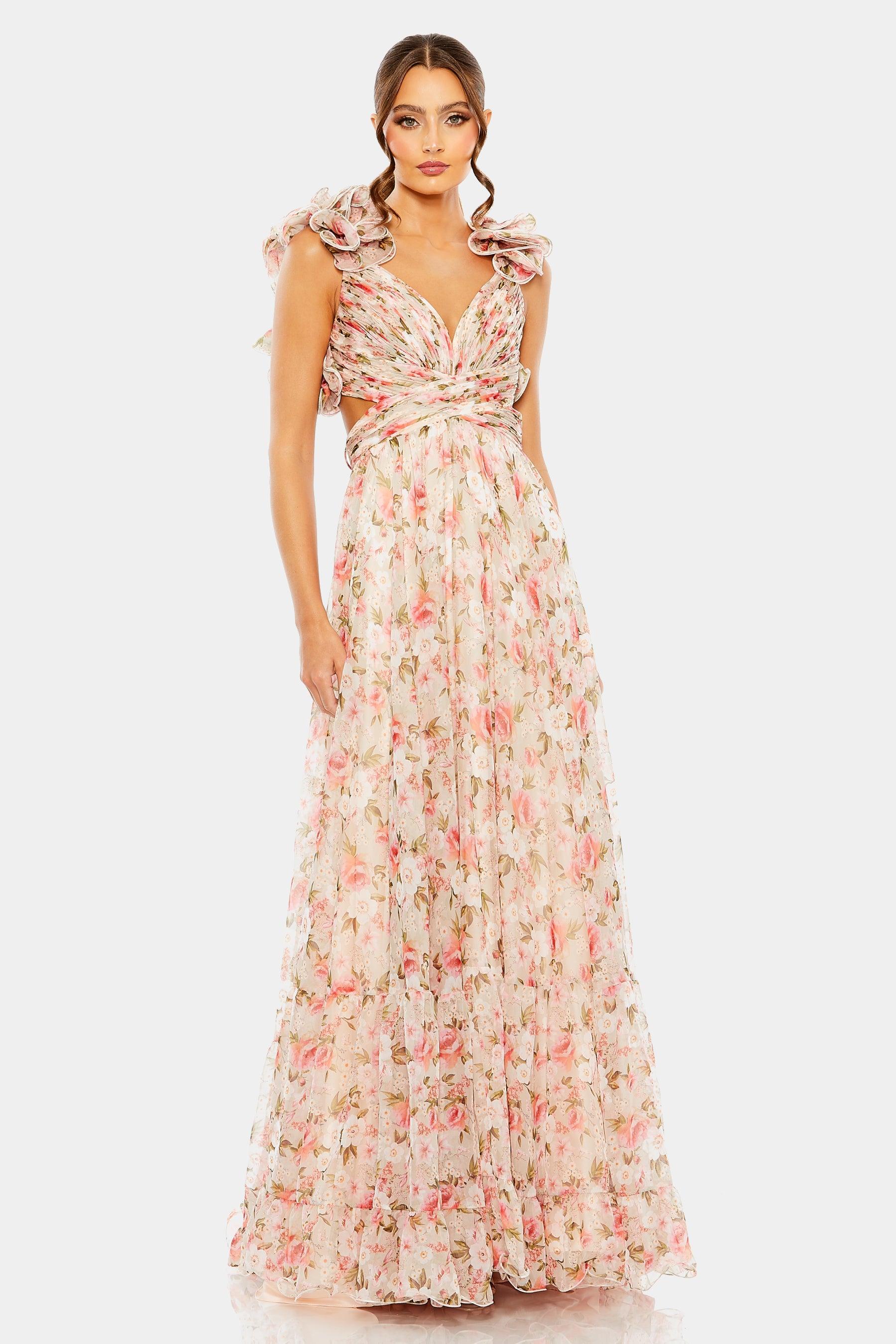 Ieena for Mac Duggal Ruffle Tiered Cut-out Chiffon Floral Gown in Pink |  Lyst
