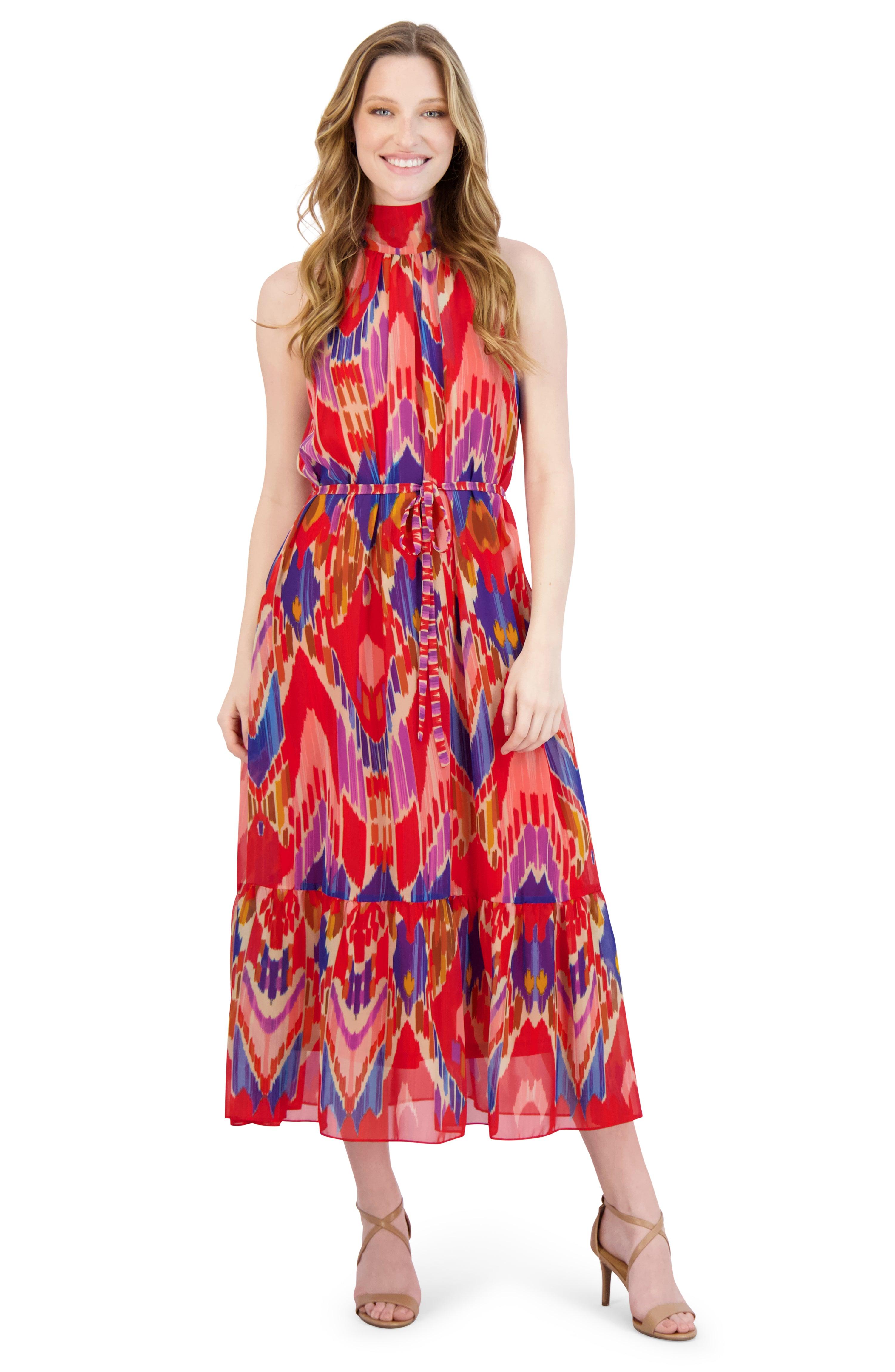 Donna Ricco Mock Neck Tier Maxi Dress in Red | Lyst