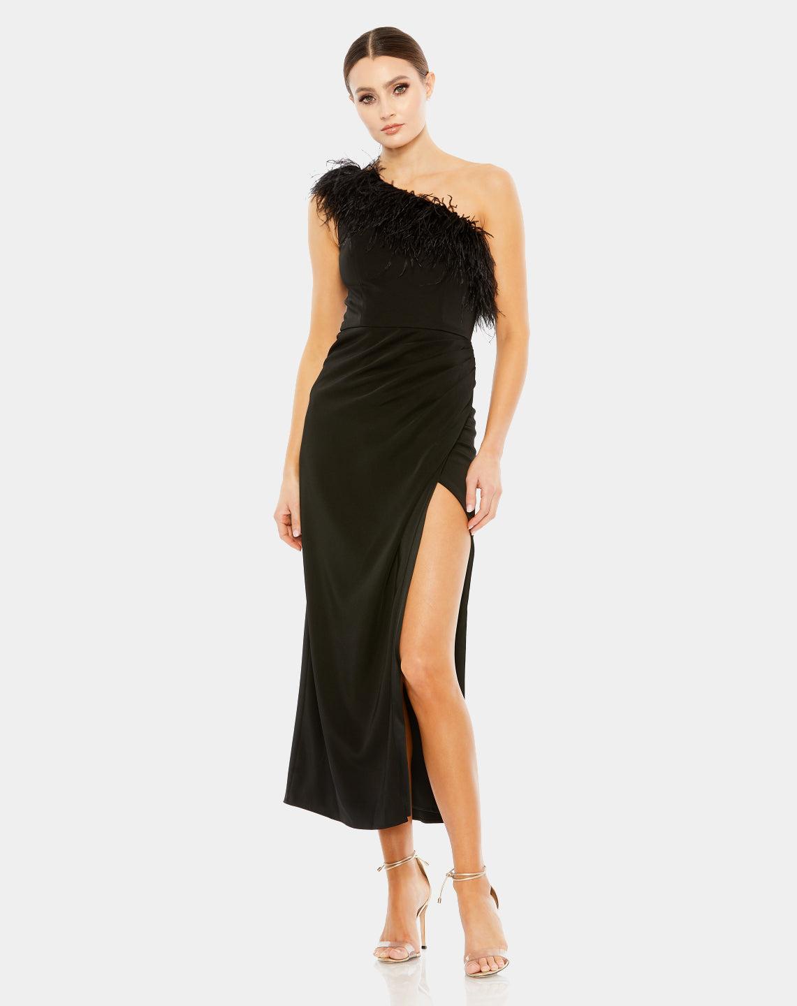 Mac Duggal Feather Trim One Shoulder Draped Dress in Black | Lyst