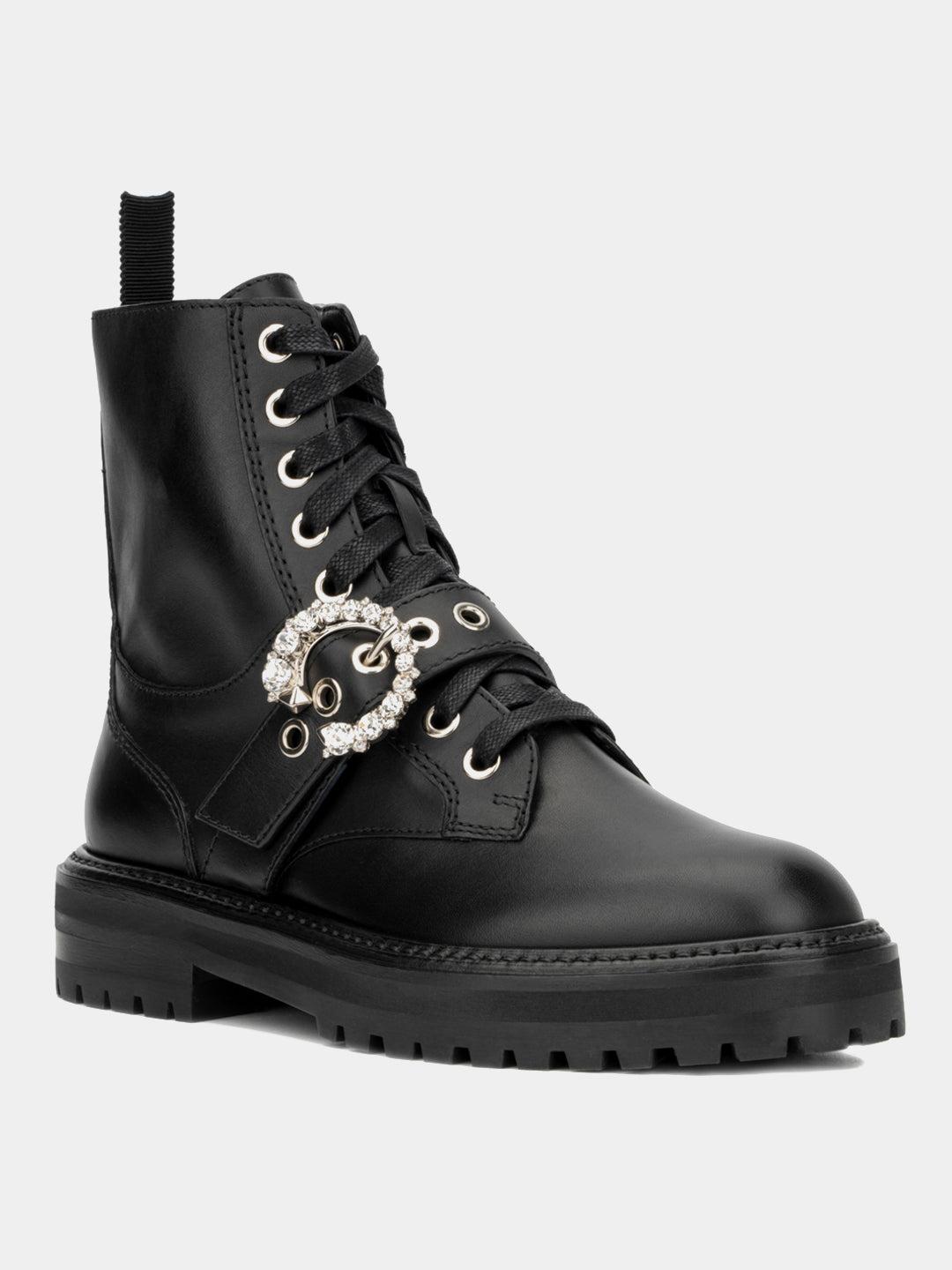 Jimmy Choo Crystal Buckle Cora Combat Boot in Black | Lyst