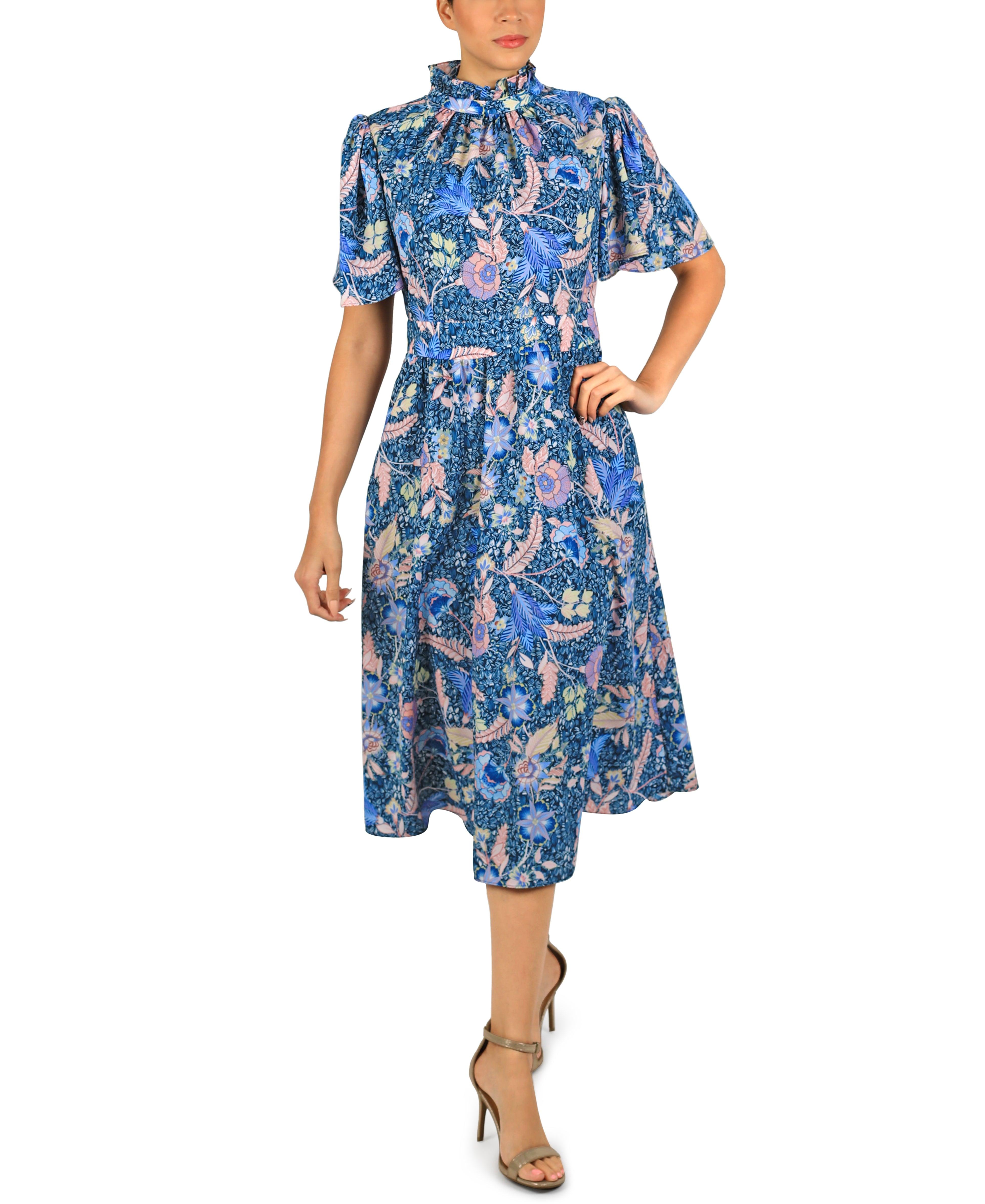 Julia Jordan Mock Neck Flutter Sleeve Midi Dress in Blue | Lyst