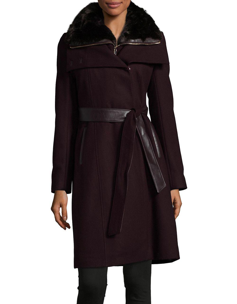 Lyst French Connection Belted Faux Fur Collar Coat in Black