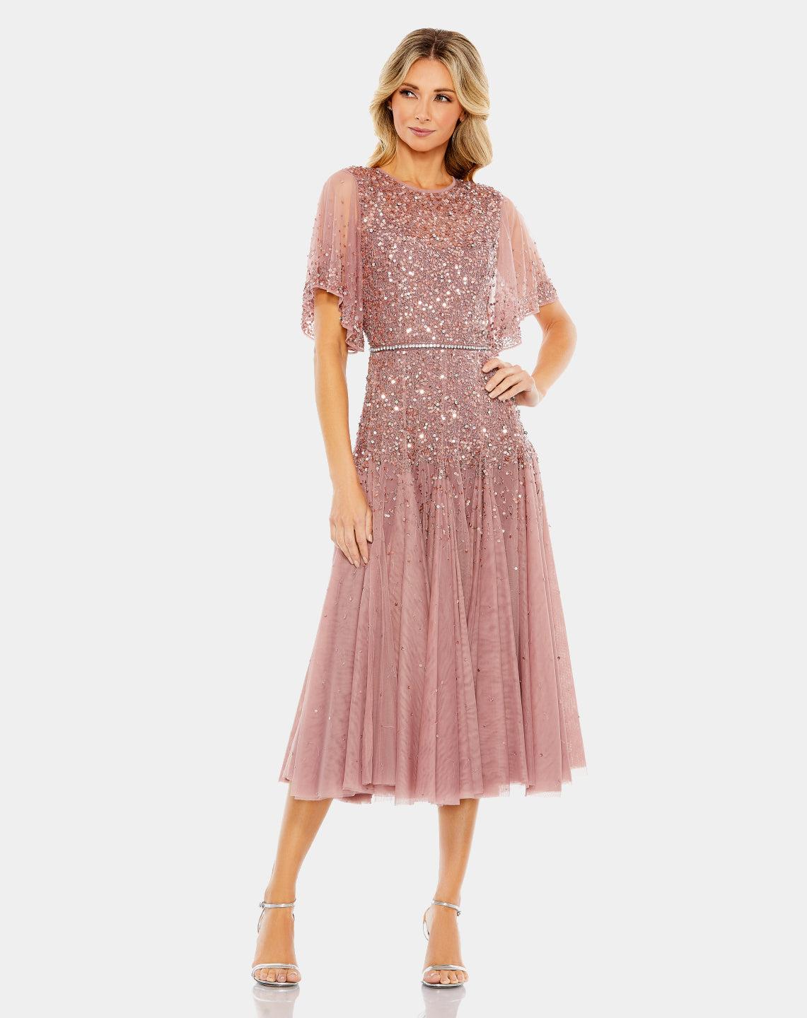 Mac Duggal Embellished Illusion Neck Butterfly Sleeve Midi Dress in