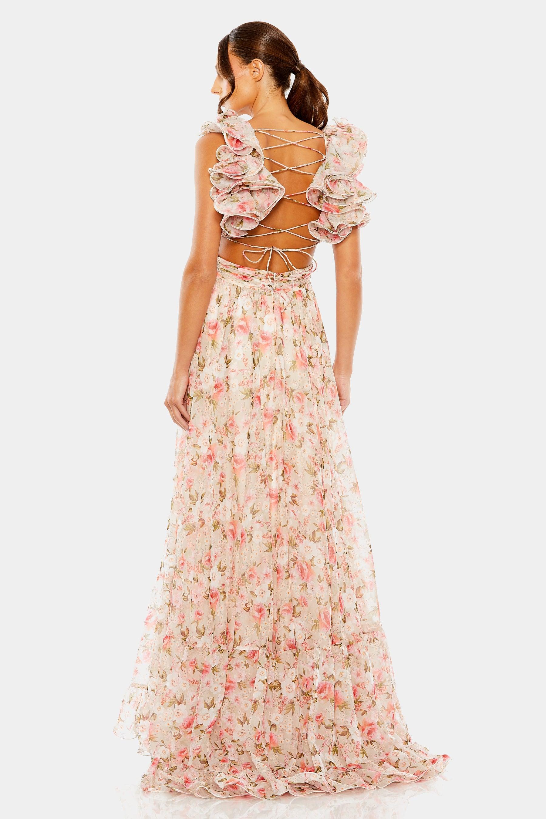 Ieena for Mac Duggal Ruffle Tiered Cut-out Chiffon Floral Gown in Pink |  Lyst