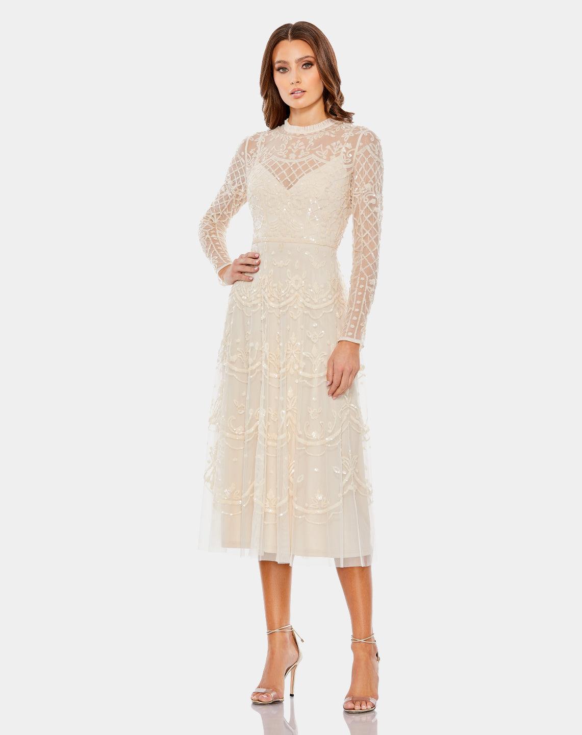 Mac Duggal Sequined Illusion High Neck Long Sleeve Midi Dress in