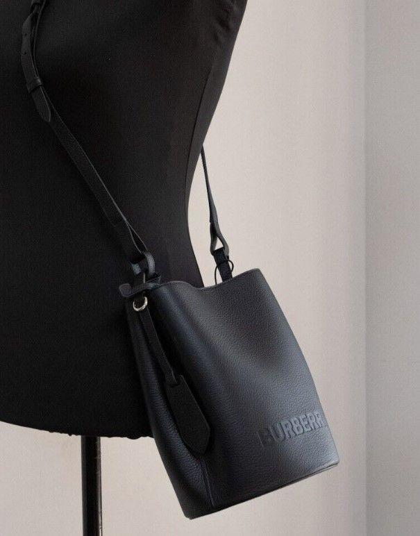 Burberry Lorne Small Black Pebbled Leather Bucket Crossbody