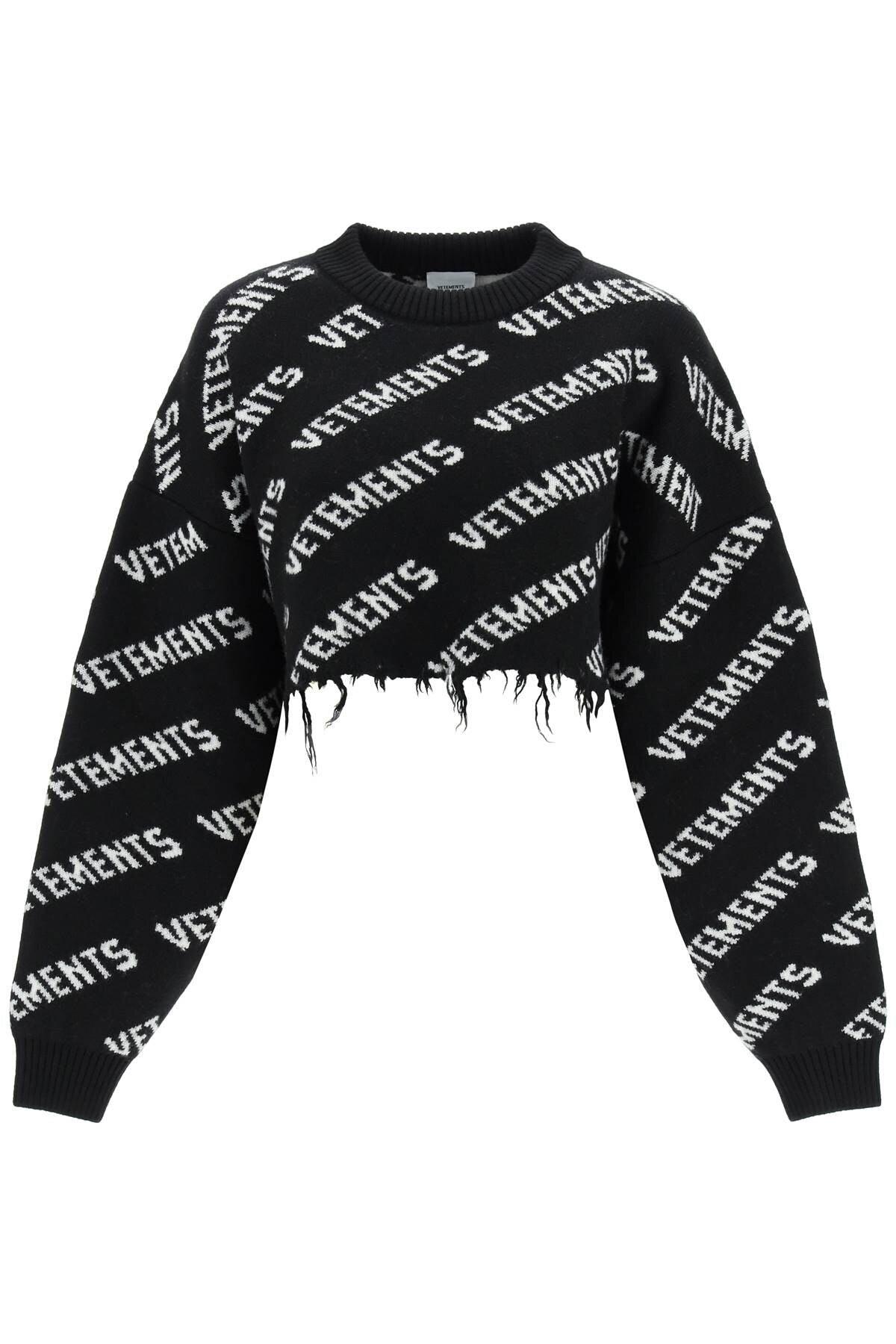 Vetements Cropped Monogram Sweater With Ripped Hem in Black | Lyst