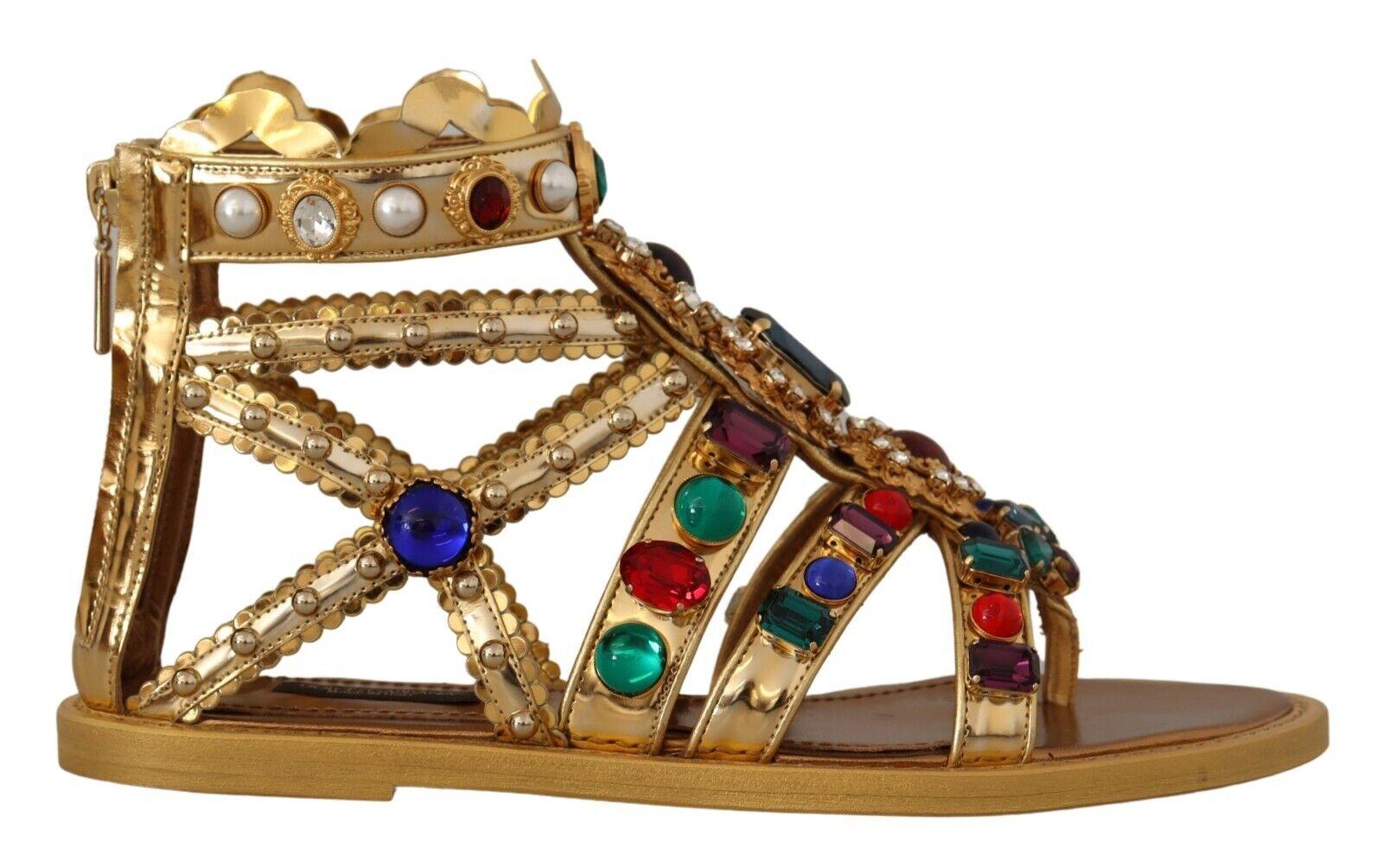 Dolce & Gabbana Gold Leather Crystal Gladiator Sandals Flats Shoes in Black  | Lyst