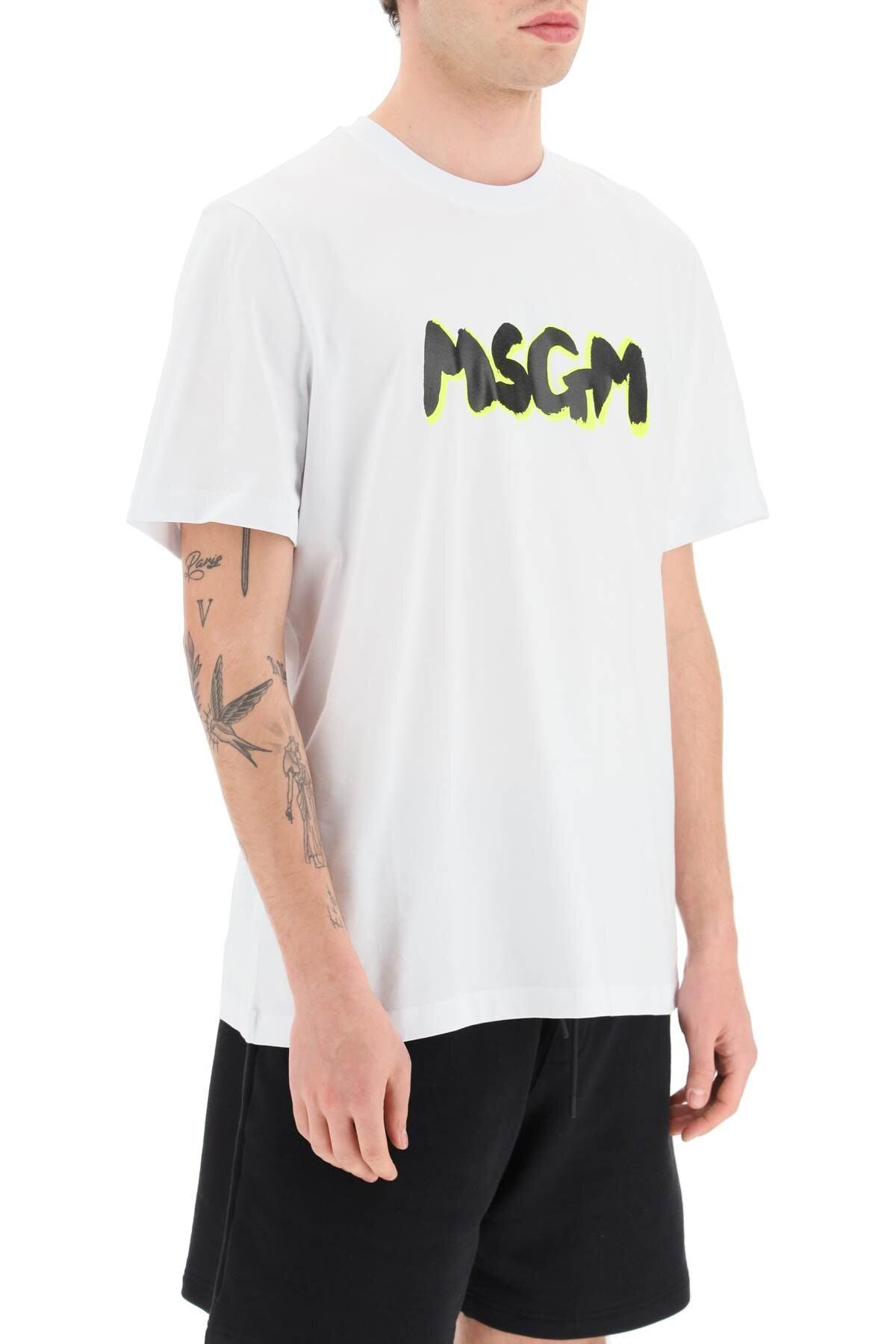 MSGM T-shirt With Brushed Logo And Fluo Shadow in White for Men | Lyst