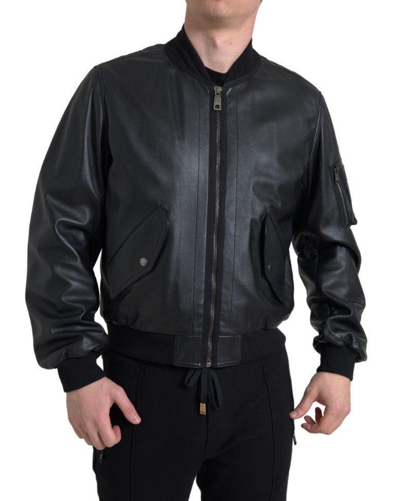 Dolce & Gabbana Black Leather Blouson Full Zip Bomber Jacket for