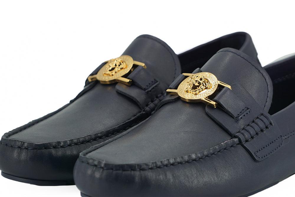 Versace Navy Blue Calf Leather Loafers Shoes for Men | Lyst