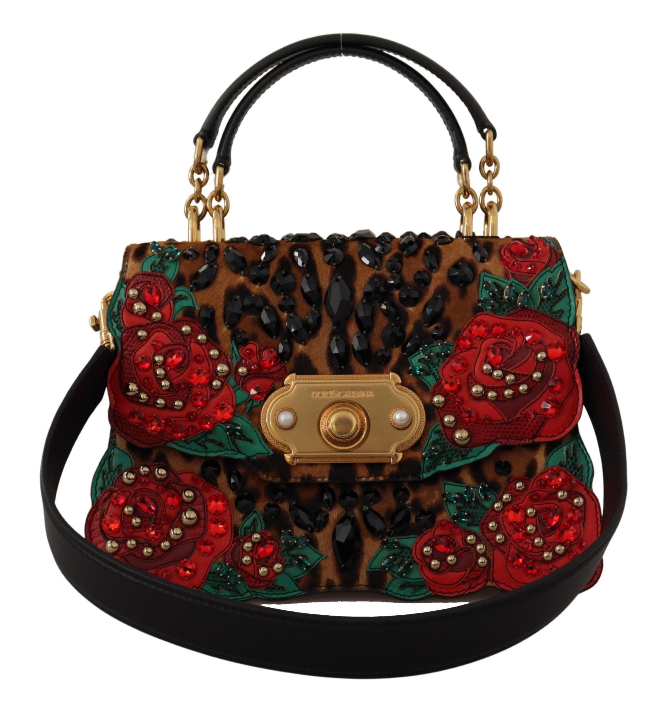 Dolce & Gabbana Brown Leopard Crystal Roses Leather Shoulder Welcome ...