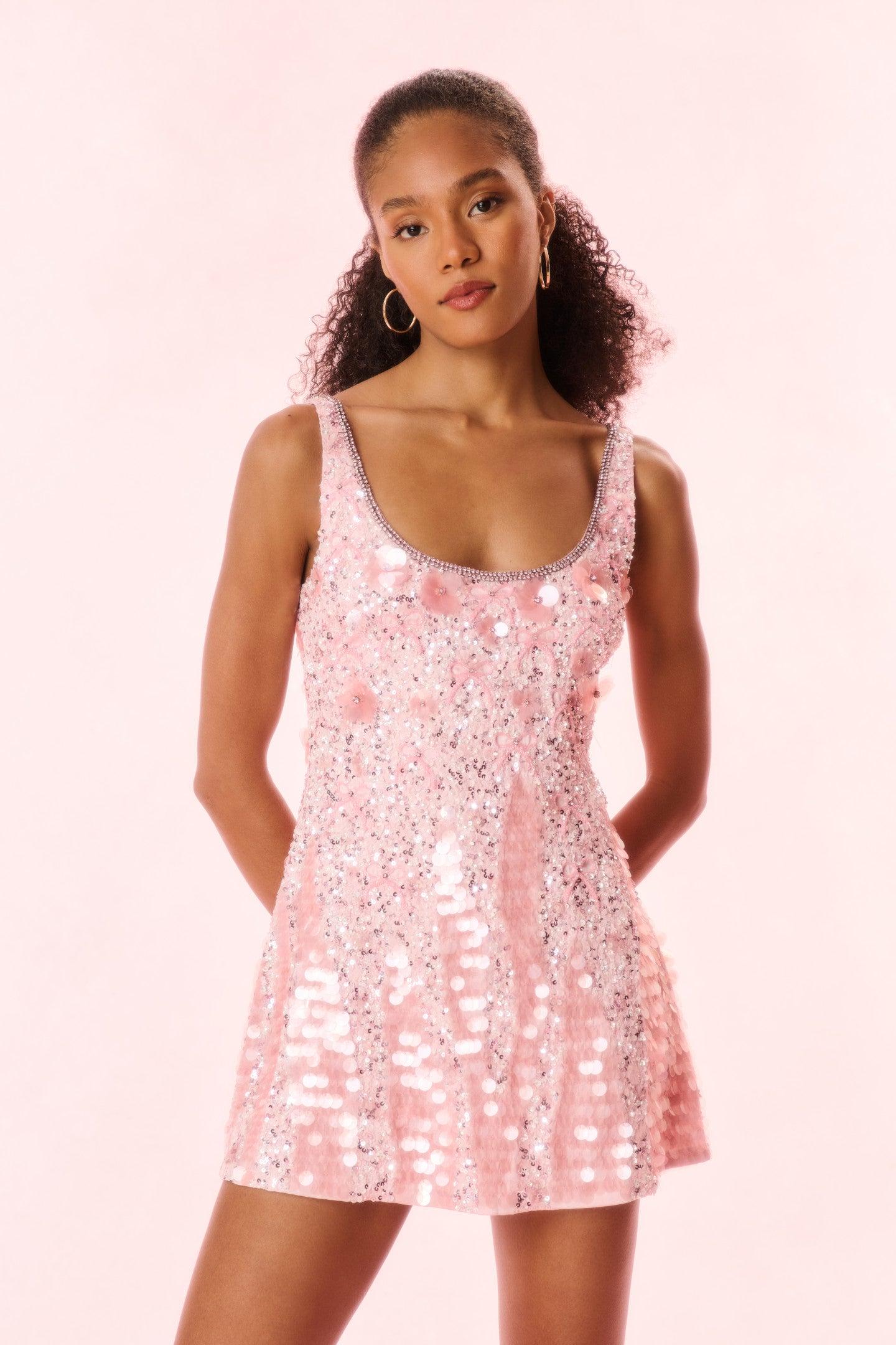 open lace back dress PM139, Sexy Elegant Pink Homecoming Dresses Beaded Mini Dresses – prommirror main image 0