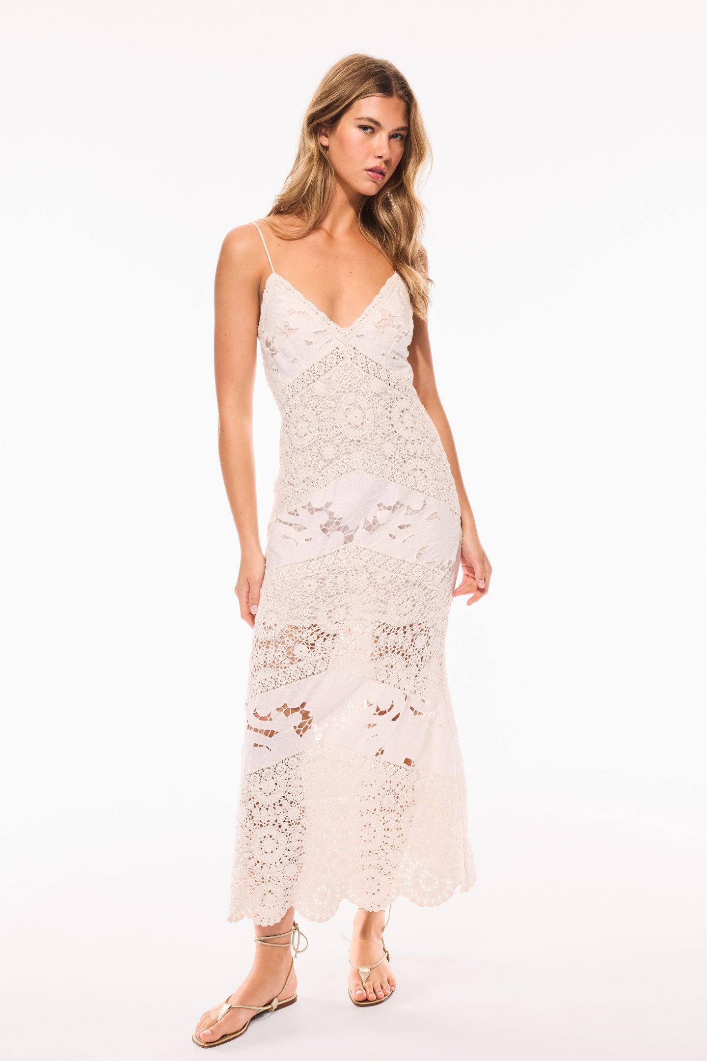 knee length dresses for ladies Love Shack Fancy Elizabella Dress in Creme De Macaron