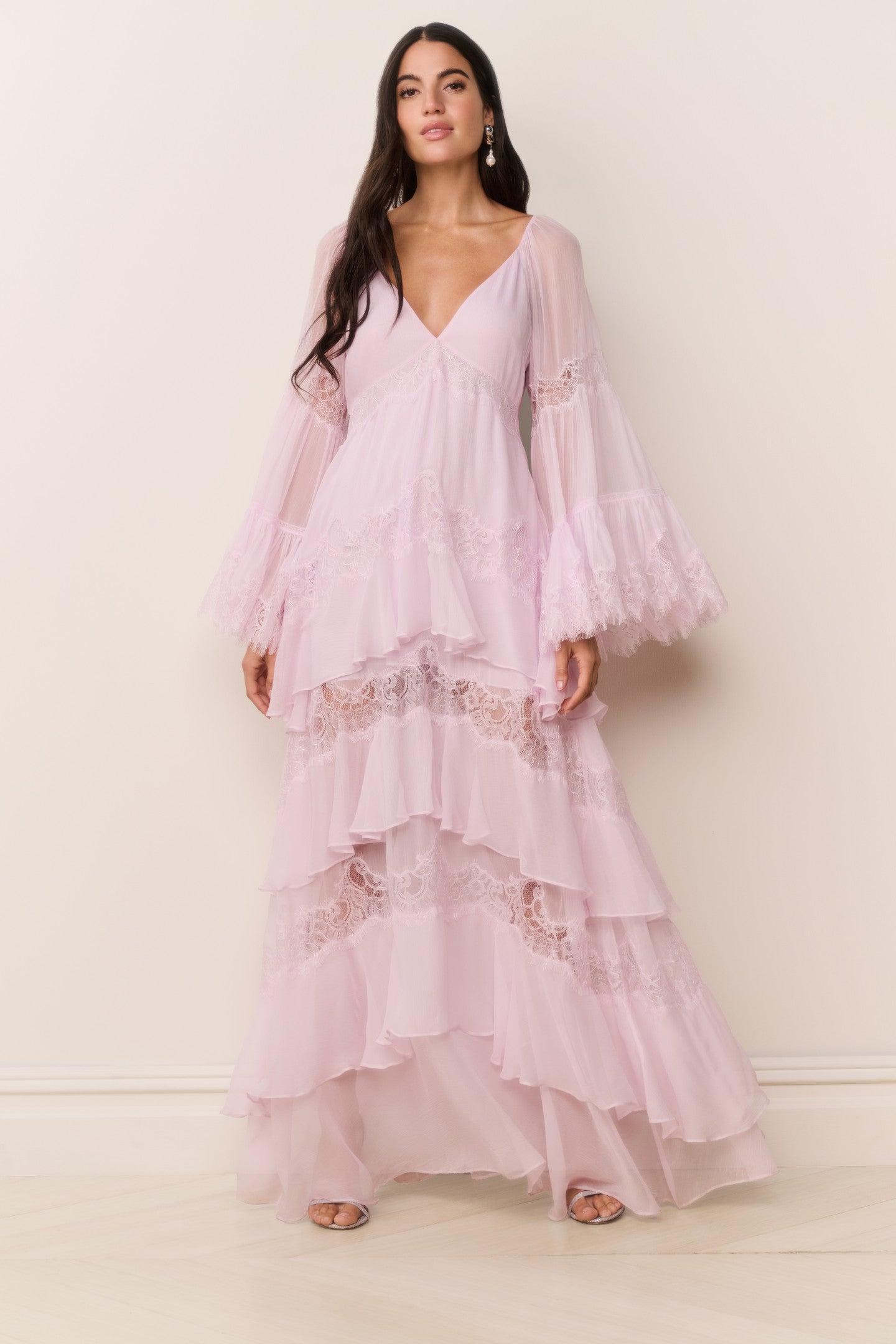 LoveShackFancy Devina Silk Chiffon Lace Maxi Dress For in Blue | Lyst