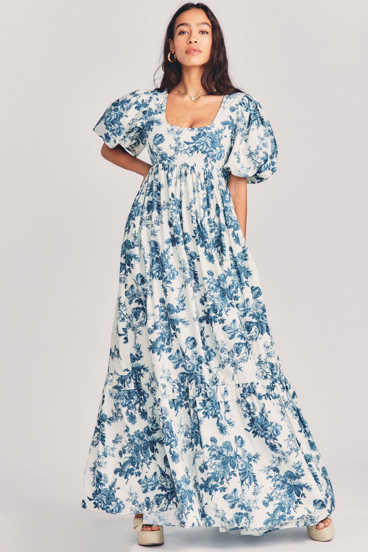 long blue hoco dress Sylvie Blue Floral Active Dress for Women in Cider Sky, Size: XL, by LoveShackFancy main image 1